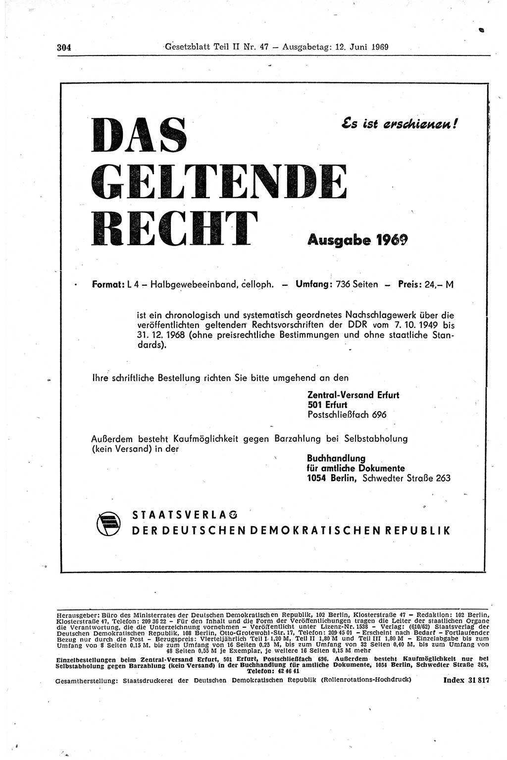 Gesetzblatt (GBl.) der Deutschen Demokratischen Republik (DDR) Teil ⅠⅠ 1969, Seite 304 (GBl. DDR ⅠⅠ 1969, S. 304)