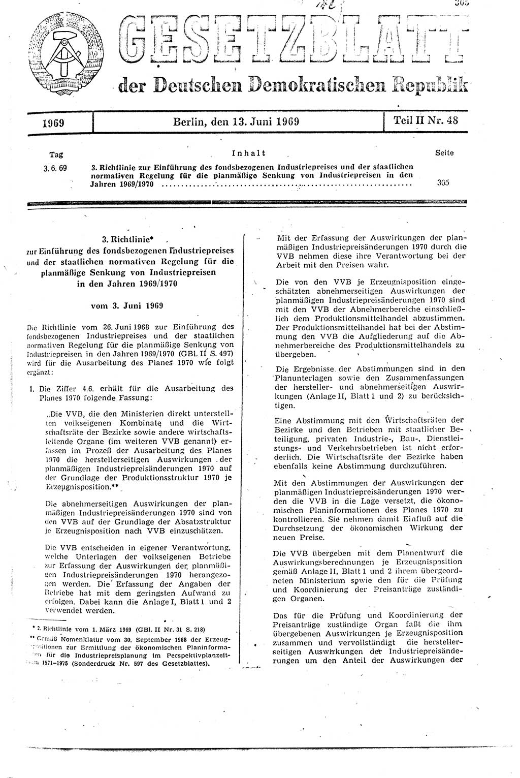 Gesetzblatt (GBl.) der Deutschen Demokratischen Republik (DDR) Teil ⅠⅠ 1969, Seite 305 (GBl. DDR ⅠⅠ 1969, S. 305)