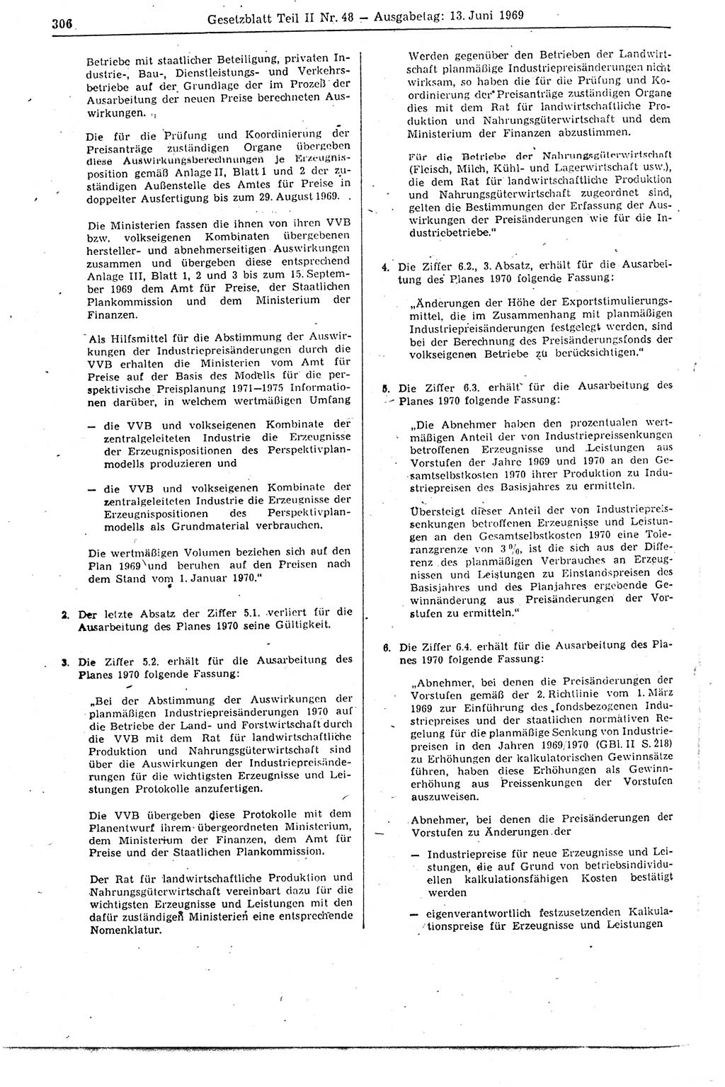 Gesetzblatt (GBl.) der Deutschen Demokratischen Republik (DDR) Teil ⅠⅠ 1969, Seite 306 (GBl. DDR ⅠⅠ 1969, S. 306)