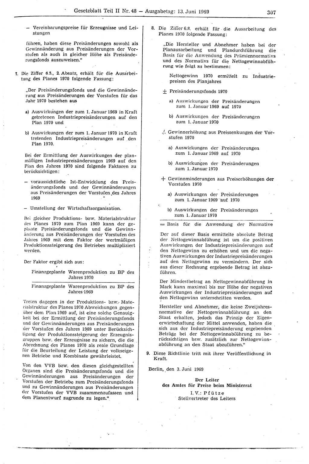Gesetzblatt (GBl.) der Deutschen Demokratischen Republik (DDR) Teil ⅠⅠ 1969, Seite 307 (GBl. DDR ⅠⅠ 1969, S. 307)