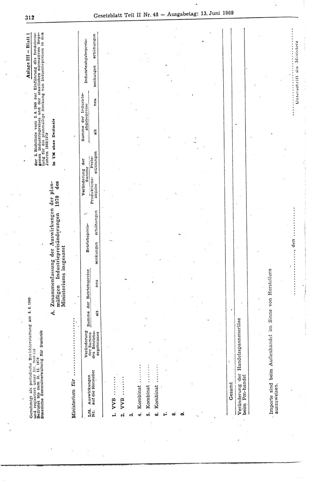 Gesetzblatt (GBl.) der Deutschen Demokratischen Republik (DDR) Teil ⅠⅠ 1969, Seite 312 (GBl. DDR ⅠⅠ 1969, S. 312)