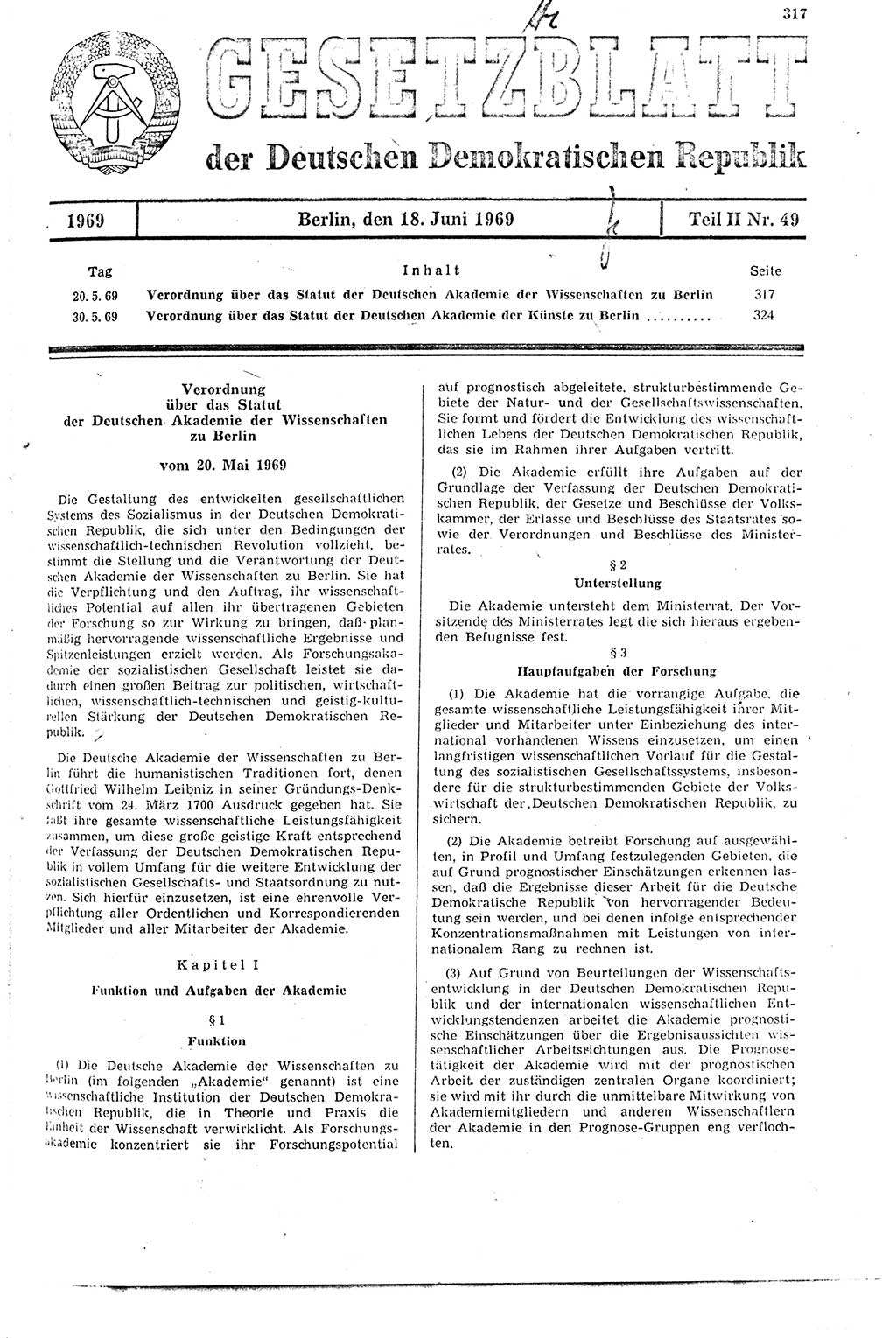 Gesetzblatt (GBl.) der Deutschen Demokratischen Republik (DDR) Teil ⅠⅠ 1969, Seite 317 (GBl. DDR ⅠⅠ 1969, S. 317)