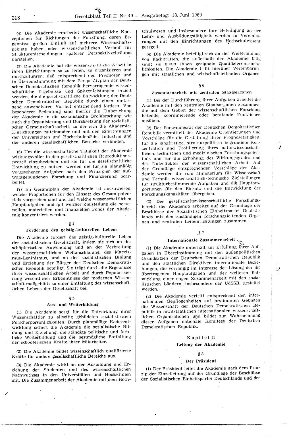 Gesetzblatt (GBl.) der Deutschen Demokratischen Republik (DDR) Teil ⅠⅠ 1969, Seite 318 (GBl. DDR ⅠⅠ 1969, S. 318)