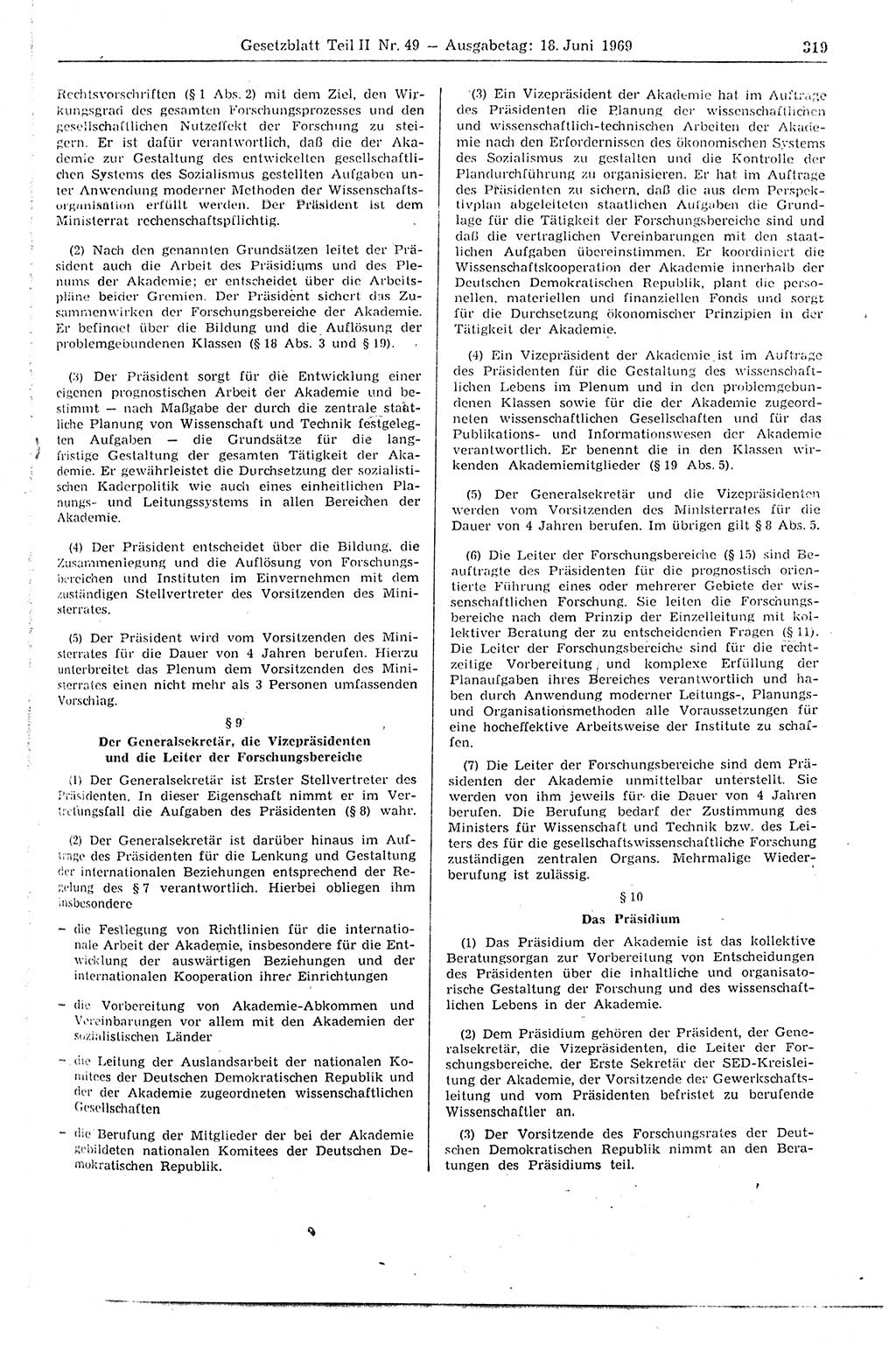 Gesetzblatt (GBl.) der Deutschen Demokratischen Republik (DDR) Teil ⅠⅠ 1969, Seite 319 (GBl. DDR ⅠⅠ 1969, S. 319)