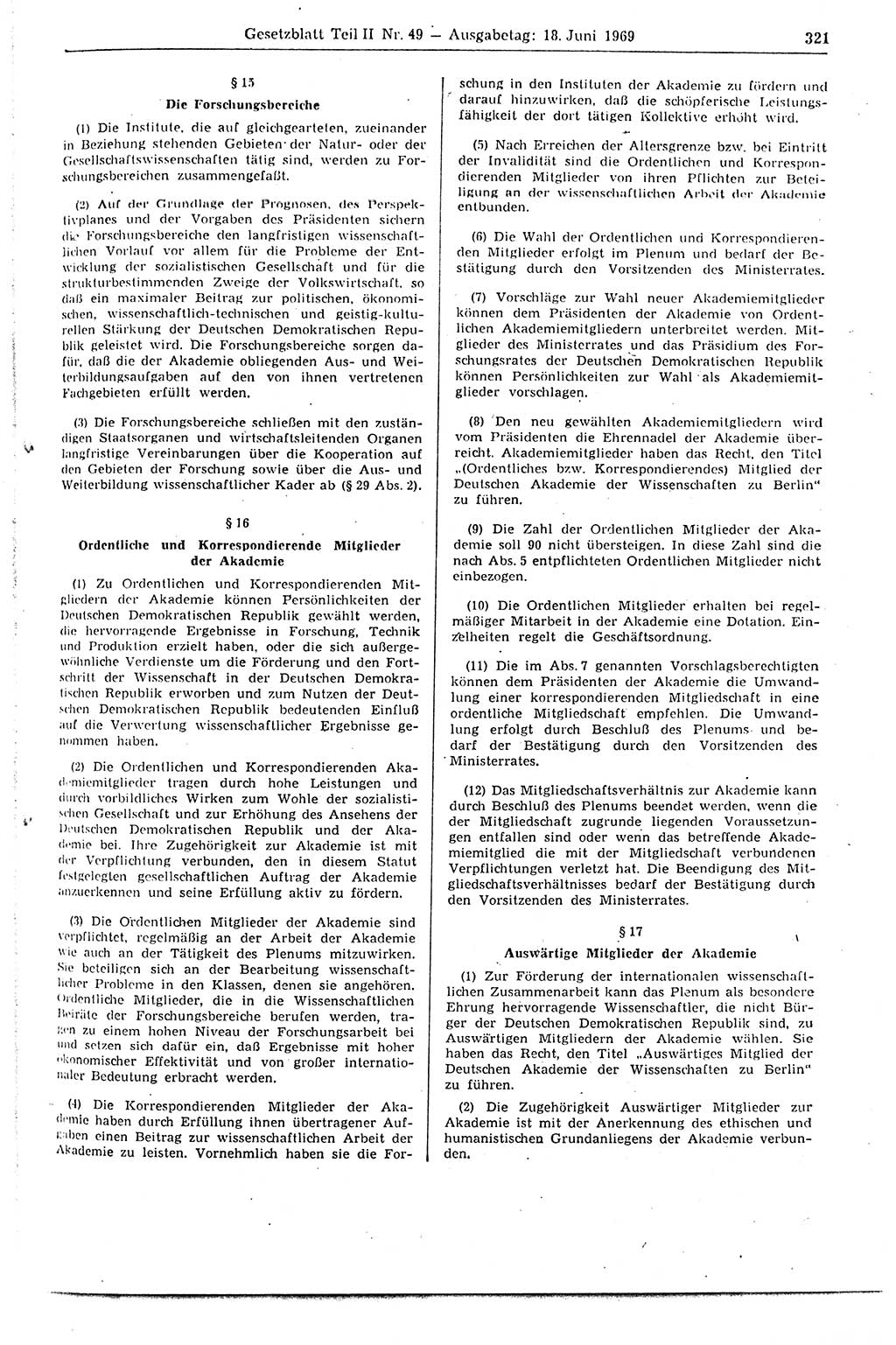 Gesetzblatt (GBl.) der Deutschen Demokratischen Republik (DDR) Teil ⅠⅠ 1969, Seite 321 (GBl. DDR ⅠⅠ 1969, S. 321)