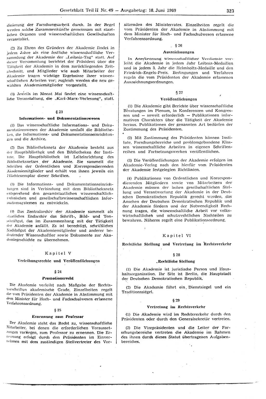 Gesetzblatt (GBl.) der Deutschen Demokratischen Republik (DDR) Teil ⅠⅠ 1969, Seite 323 (GBl. DDR ⅠⅠ 1969, S. 323)