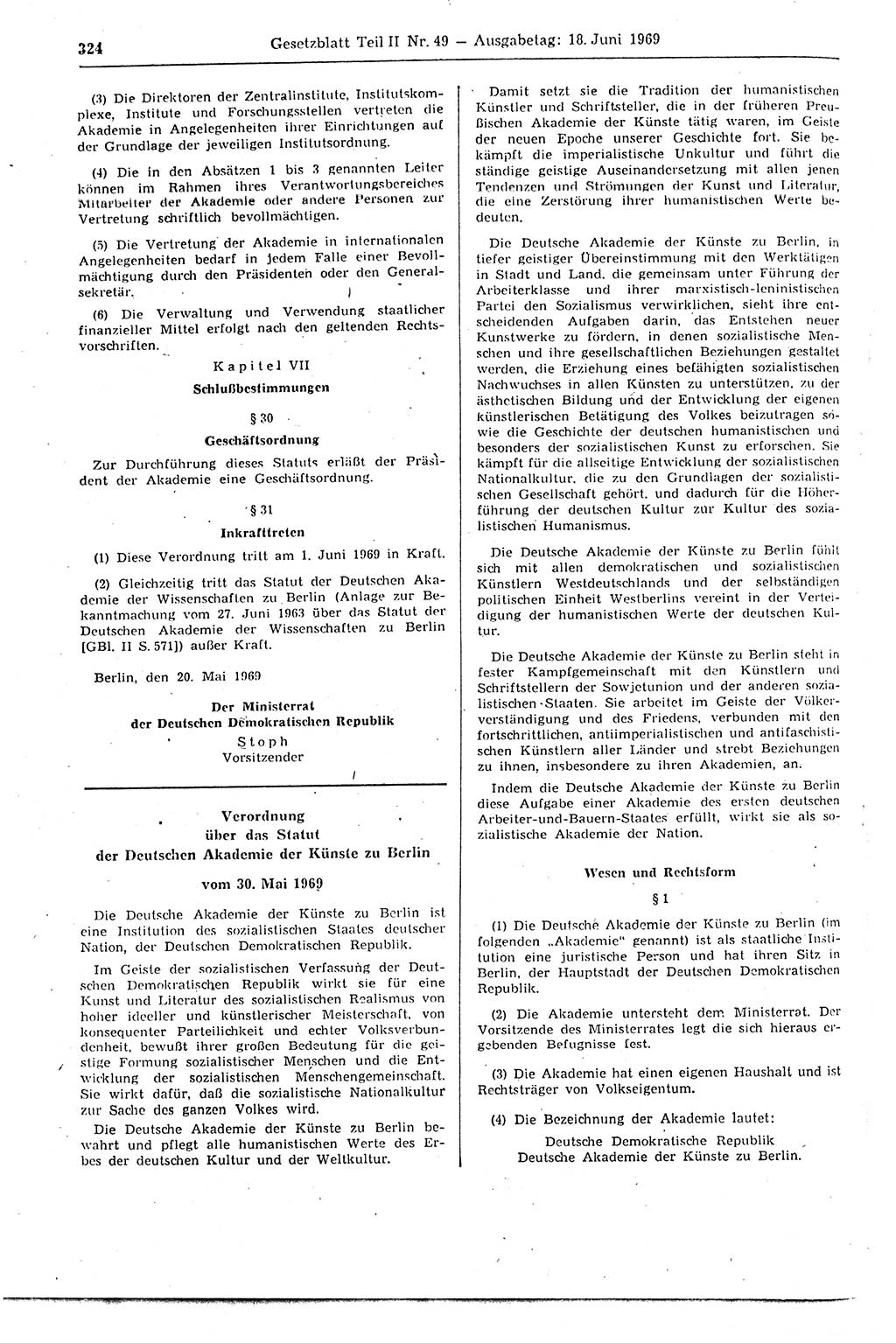 Gesetzblatt (GBl.) der Deutschen Demokratischen Republik (DDR) Teil ⅠⅠ 1969, Seite 324 (GBl. DDR ⅠⅠ 1969, S. 324)