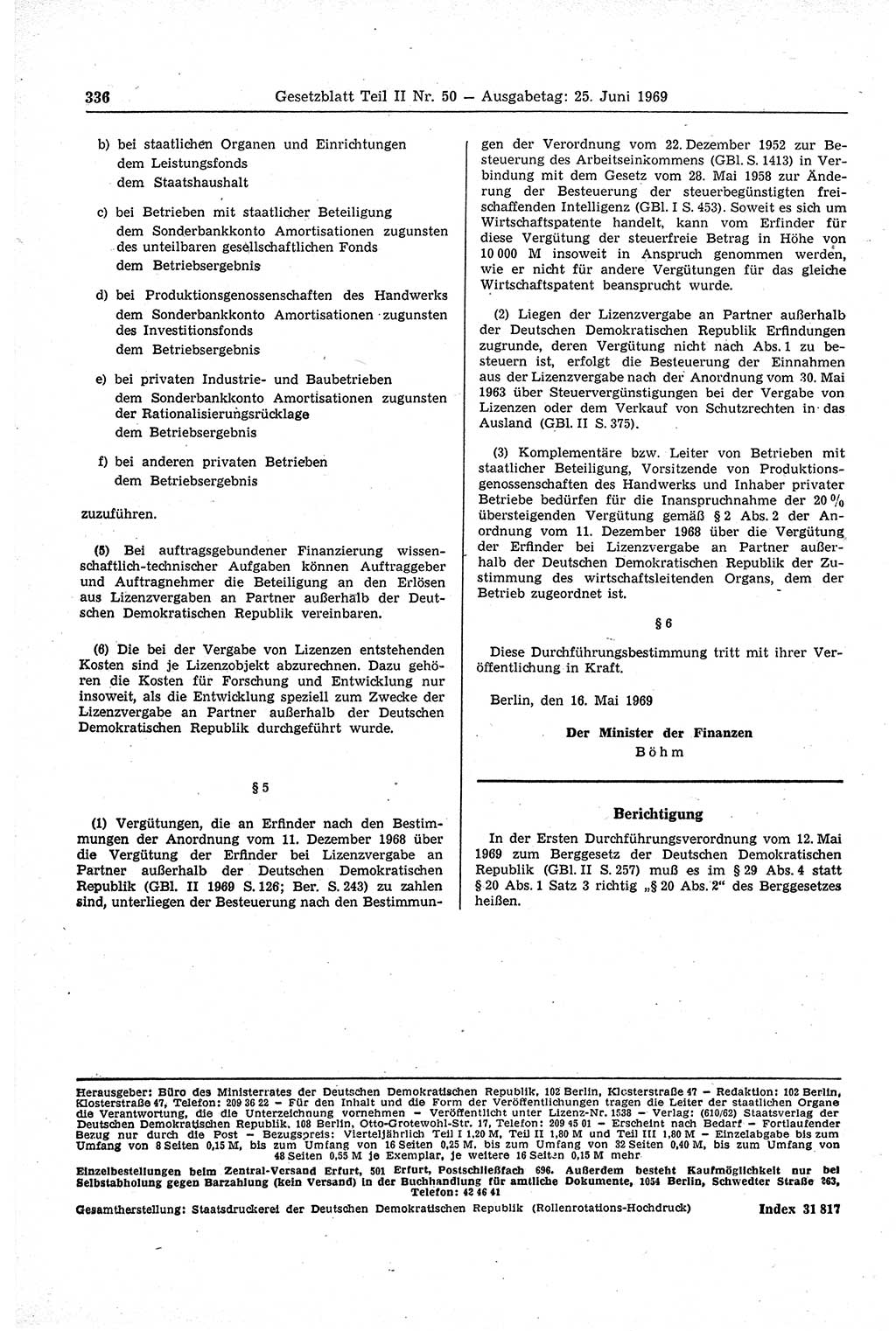 Gesetzblatt (GBl.) der Deutschen Demokratischen Republik (DDR) Teil ⅠⅠ 1969, Seite 336 (GBl. DDR ⅠⅠ 1969, S. 336)