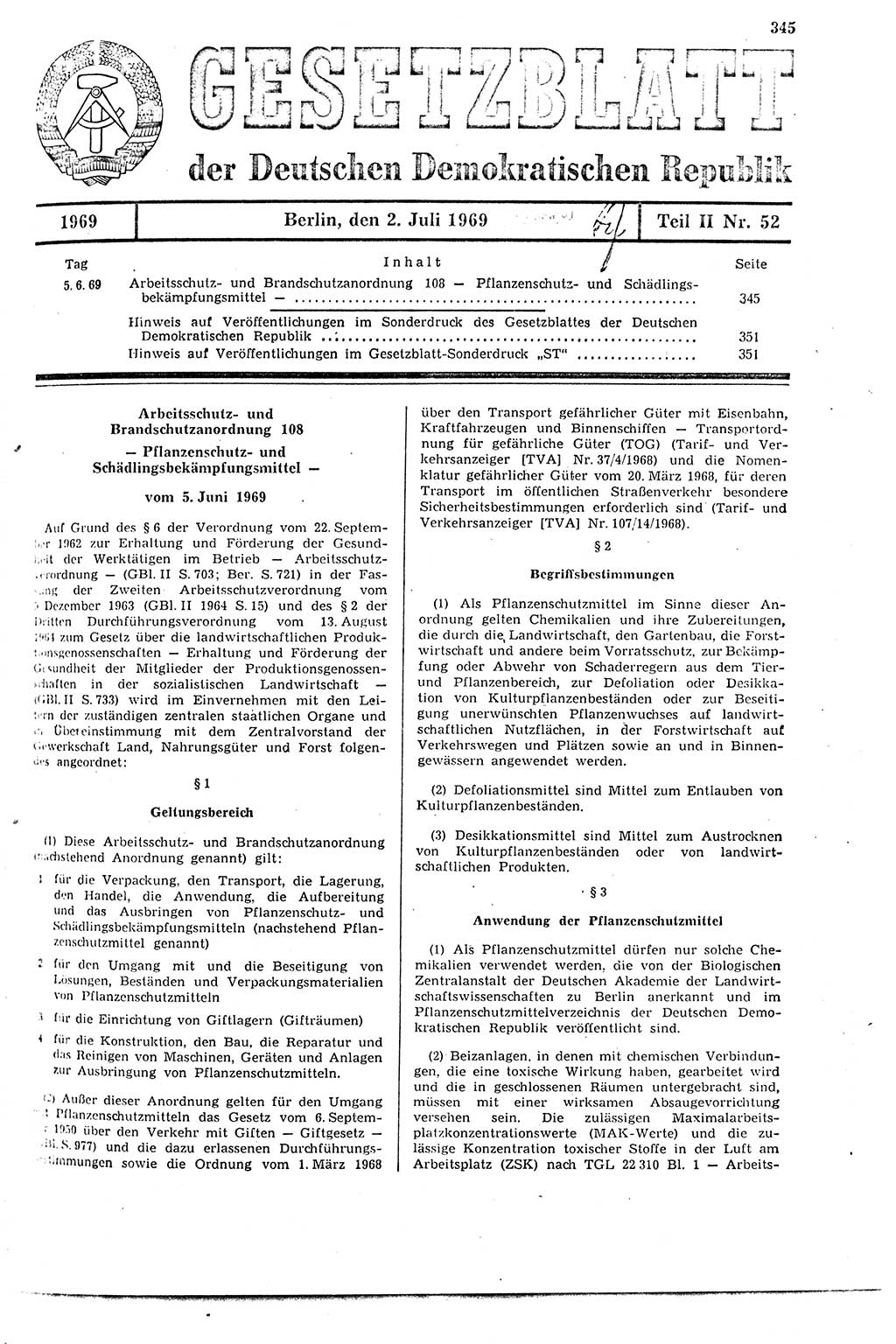 Gesetzblatt (GBl.) der Deutschen Demokratischen Republik (DDR) Teil ⅠⅠ 1969, Seite 345 (GBl. DDR ⅠⅠ 1969, S. 345)