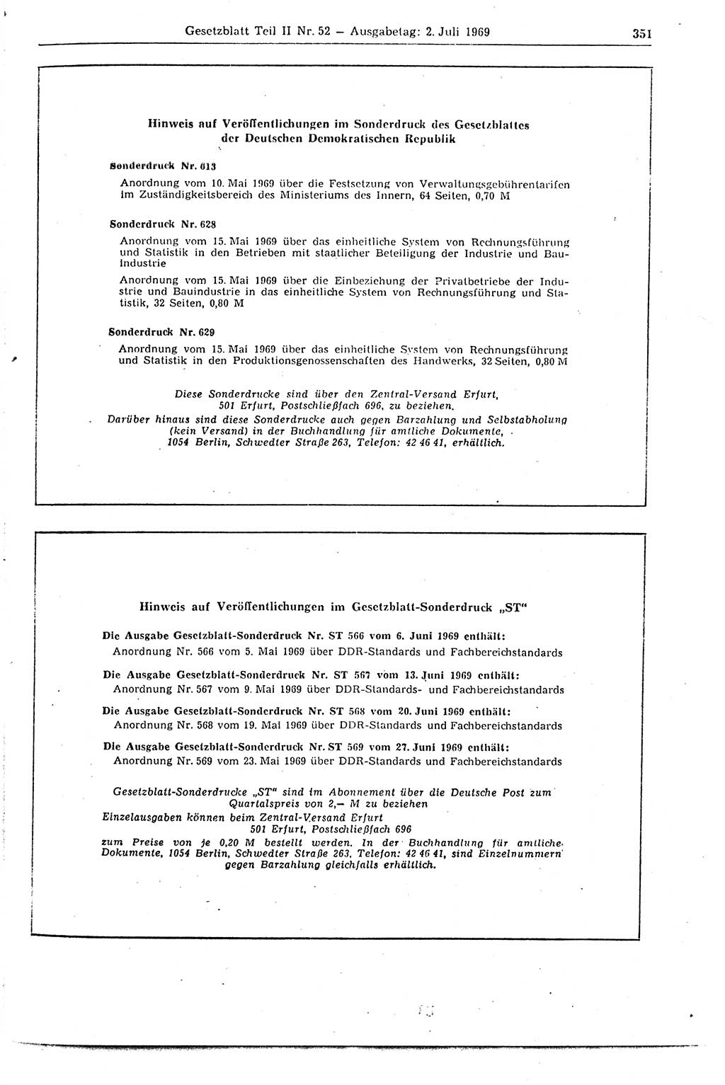 Gesetzblatt (GBl.) der Deutschen Demokratischen Republik (DDR) Teil ⅠⅠ 1969, Seite 351 (GBl. DDR ⅠⅠ 1969, S. 351)