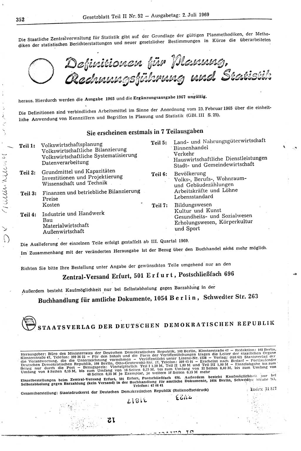 Gesetzblatt (GBl.) der Deutschen Demokratischen Republik (DDR) Teil ⅠⅠ 1969, Seite 352 (GBl. DDR ⅠⅠ 1969, S. 352)