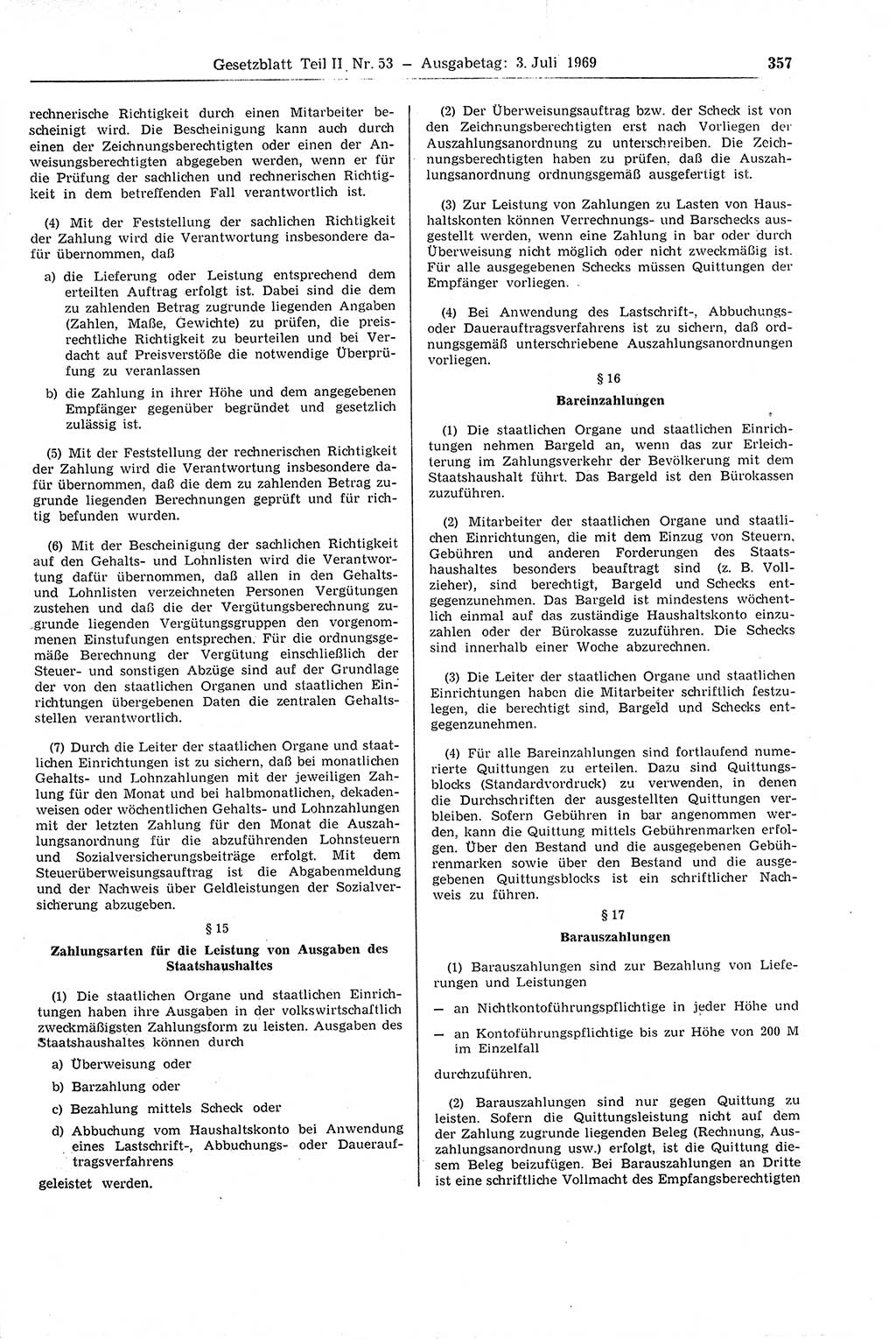 Gesetzblatt (GBl.) der Deutschen Demokratischen Republik (DDR) Teil ⅠⅠ 1969, Seite 357 (GBl. DDR ⅠⅠ 1969, S. 357)