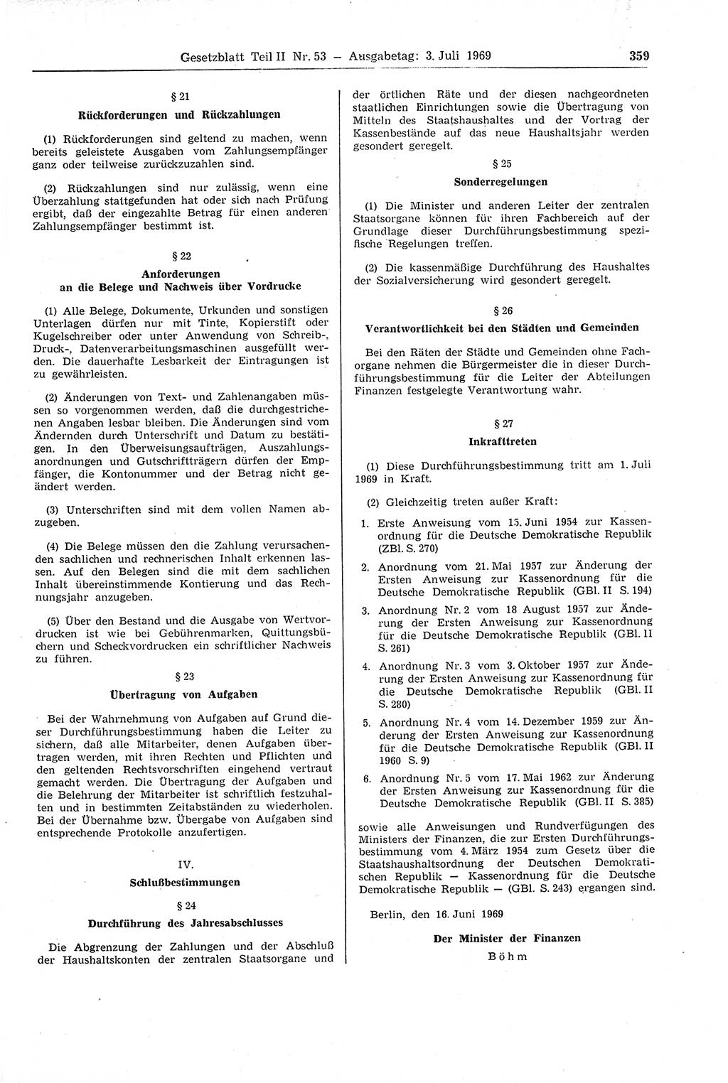 Gesetzblatt (GBl.) der Deutschen Demokratischen Republik (DDR) Teil ⅠⅠ 1969, Seite 359 (GBl. DDR ⅠⅠ 1969, S. 359)