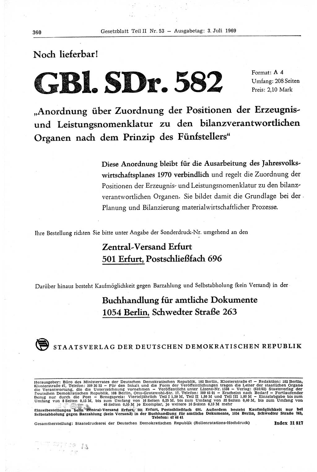 Gesetzblatt (GBl.) der Deutschen Demokratischen Republik (DDR) Teil ⅠⅠ 1969, Seite 360 (GBl. DDR ⅠⅠ 1969, S. 360)