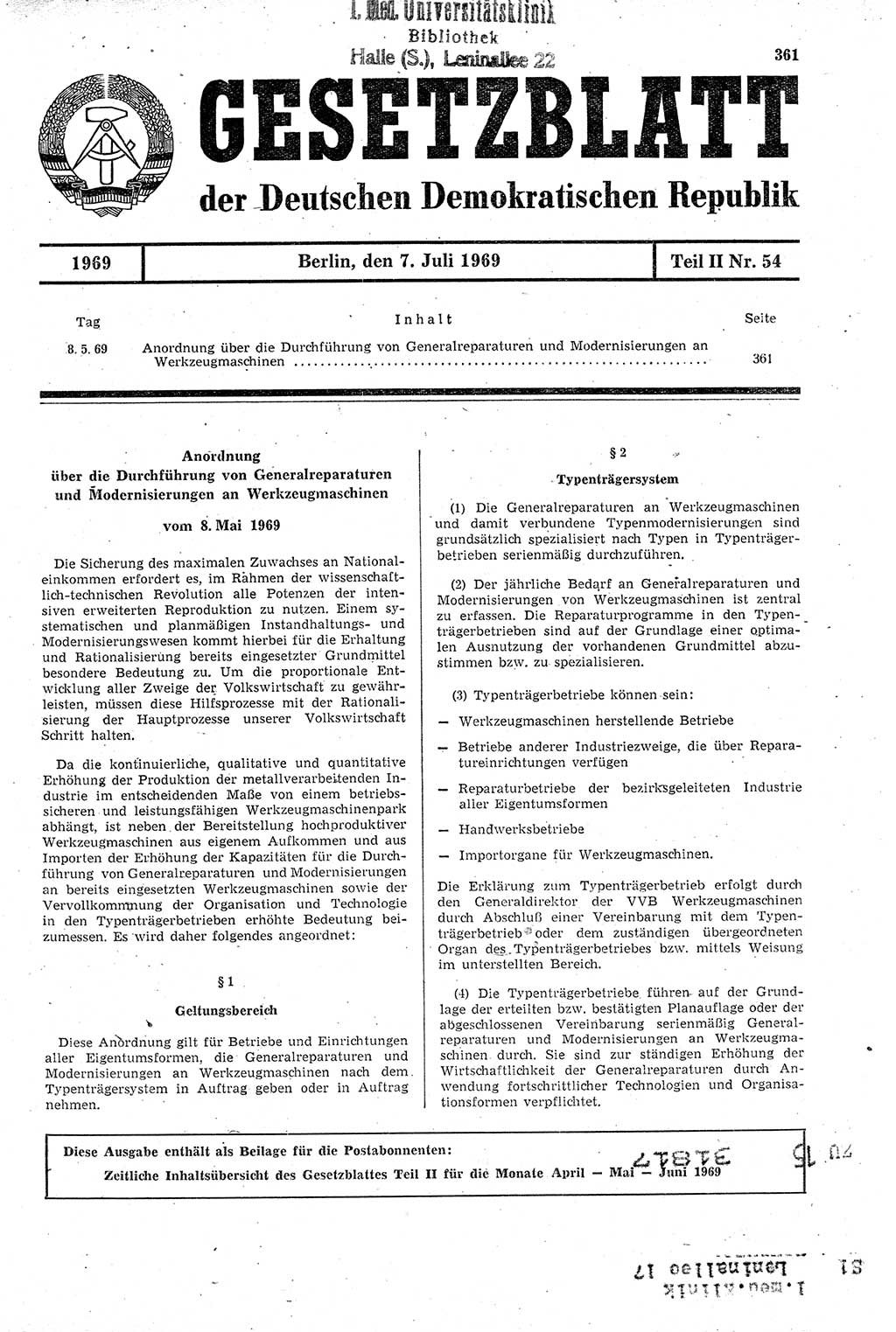 Gesetzblatt (GBl.) der Deutschen Demokratischen Republik (DDR) Teil ⅠⅠ 1969, Seite 361 (GBl. DDR ⅠⅠ 1969, S. 361)