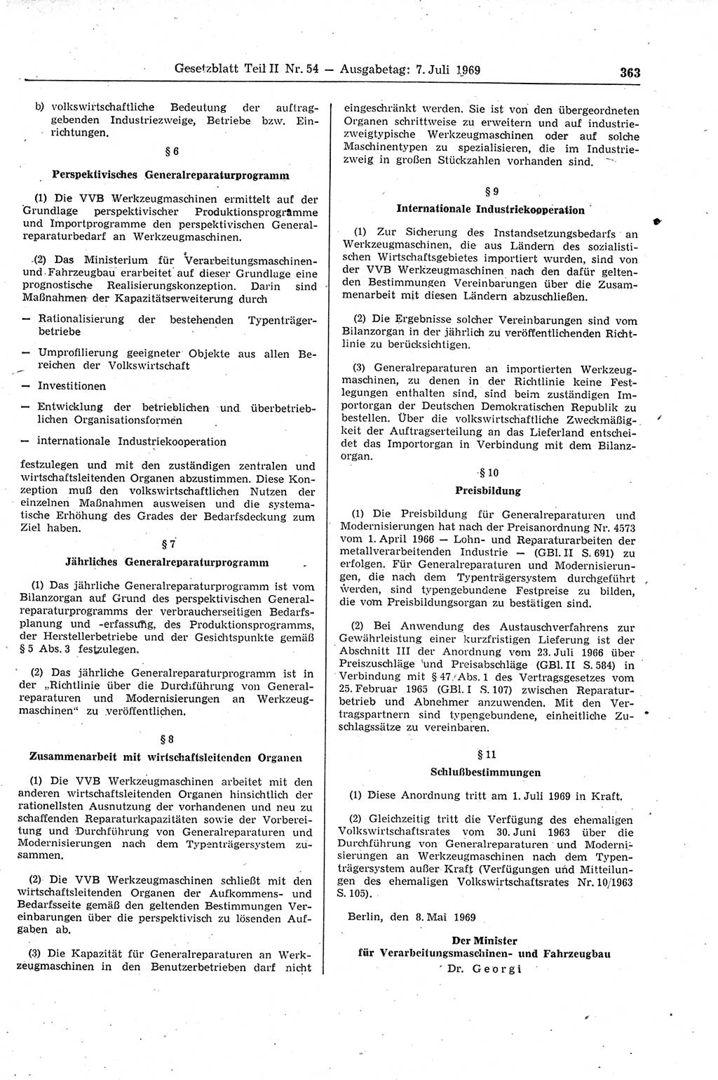 Gesetzblatt (GBl.) der Deutschen Demokratischen Republik (DDR) Teil ⅠⅠ 1969, Seite 363 (GBl. DDR ⅠⅠ 1969, S. 363)