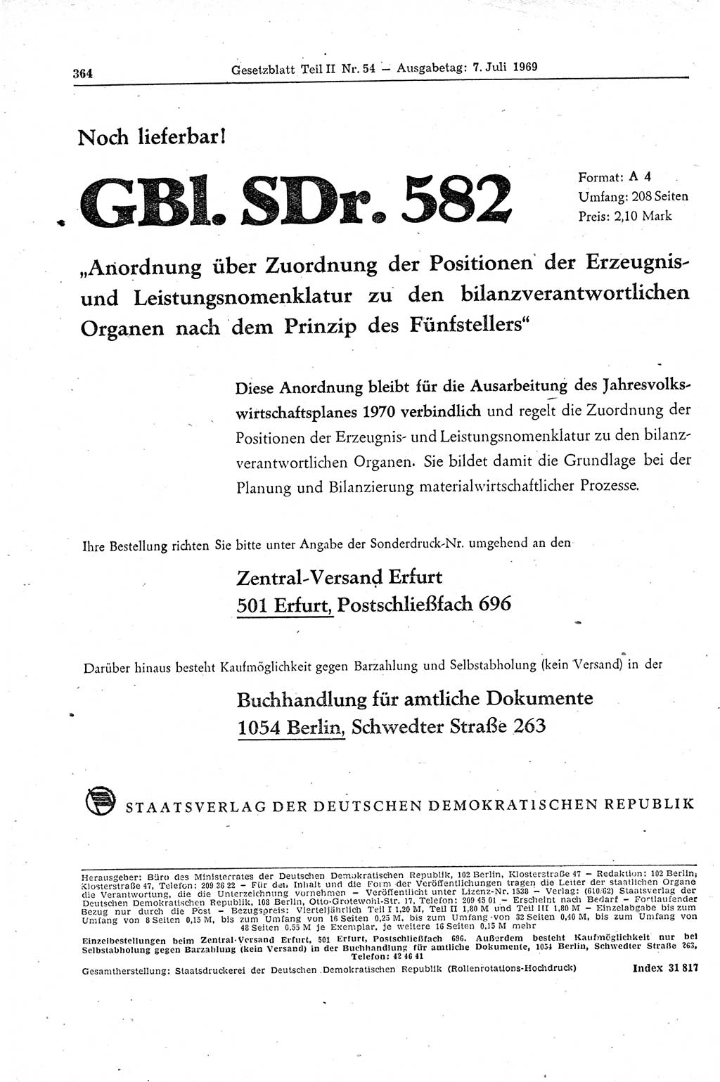 Gesetzblatt (GBl.) der Deutschen Demokratischen Republik (DDR) Teil ⅠⅠ 1969, Seite 364 (GBl. DDR ⅠⅠ 1969, S. 364)