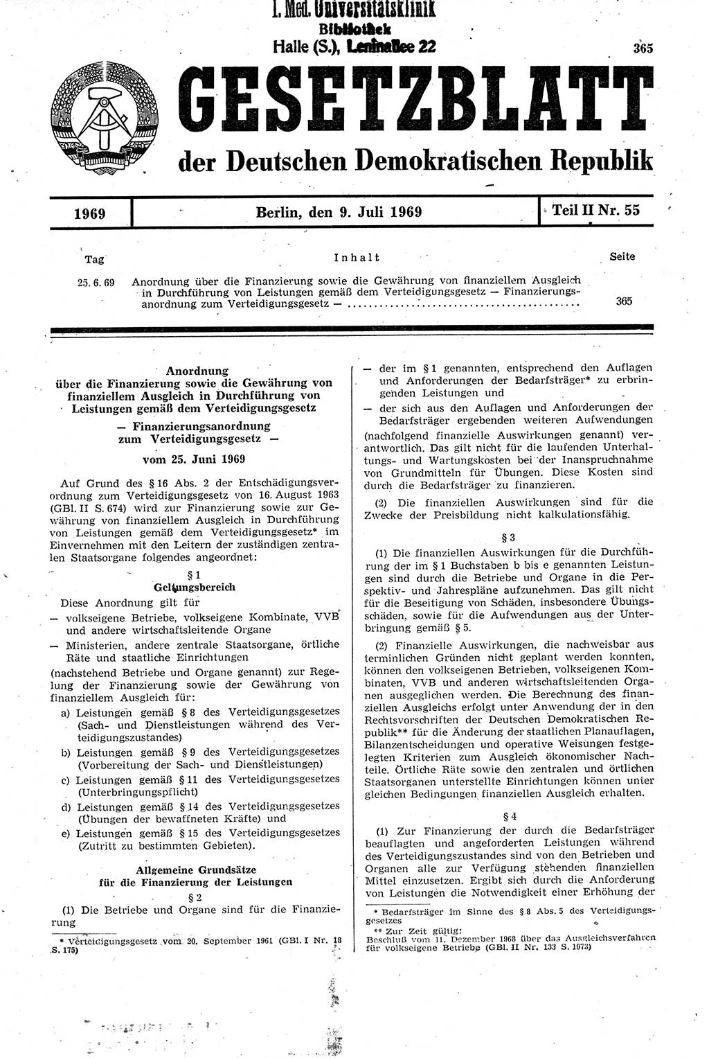 Gesetzblatt (GBl.) der Deutschen Demokratischen Republik (DDR) Teil ⅠⅠ 1969, Seite 365 (GBl. DDR ⅠⅠ 1969, S. 365)