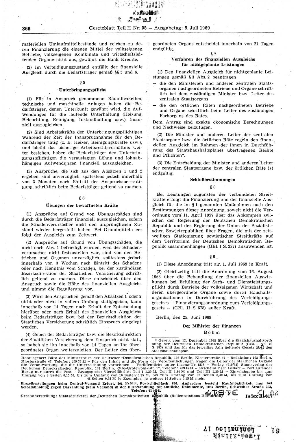Gesetzblatt (GBl.) der Deutschen Demokratischen Republik (DDR) Teil ⅠⅠ 1969, Seite 366 (GBl. DDR ⅠⅠ 1969, S. 366)