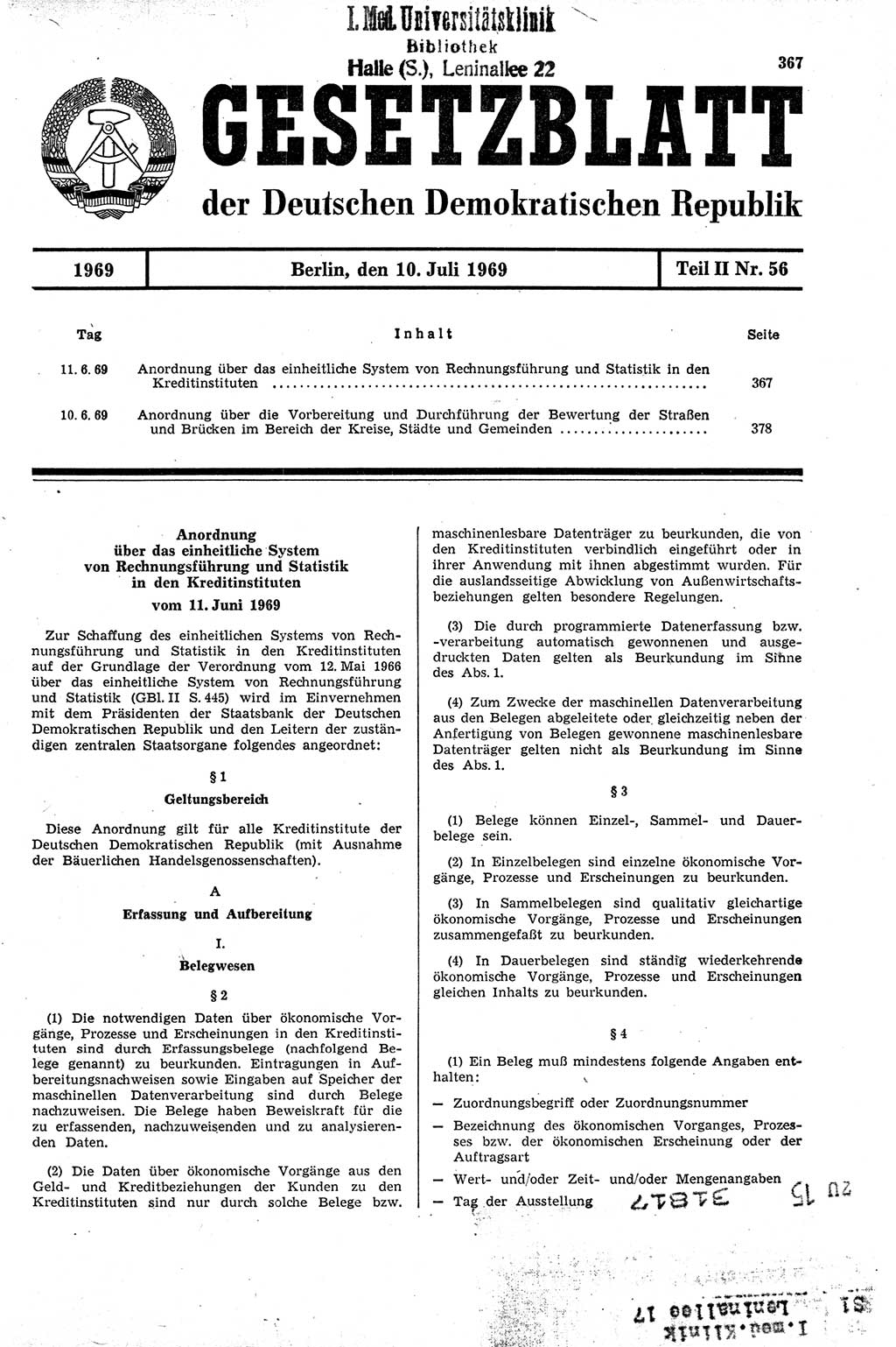 Gesetzblatt (GBl.) der Deutschen Demokratischen Republik (DDR) Teil ⅠⅠ 1969, Seite 367 (GBl. DDR ⅠⅠ 1969, S. 367)