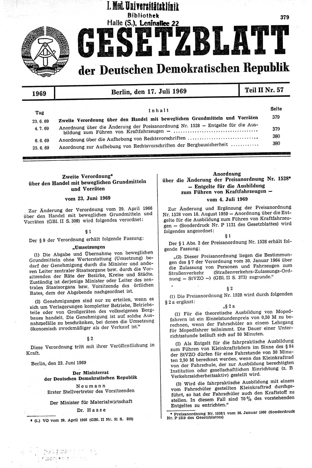 Gesetzblatt (GBl.) der Deutschen Demokratischen Republik (DDR) Teil ⅠⅠ 1969, Seite 379 (GBl. DDR ⅠⅠ 1969, S. 379)