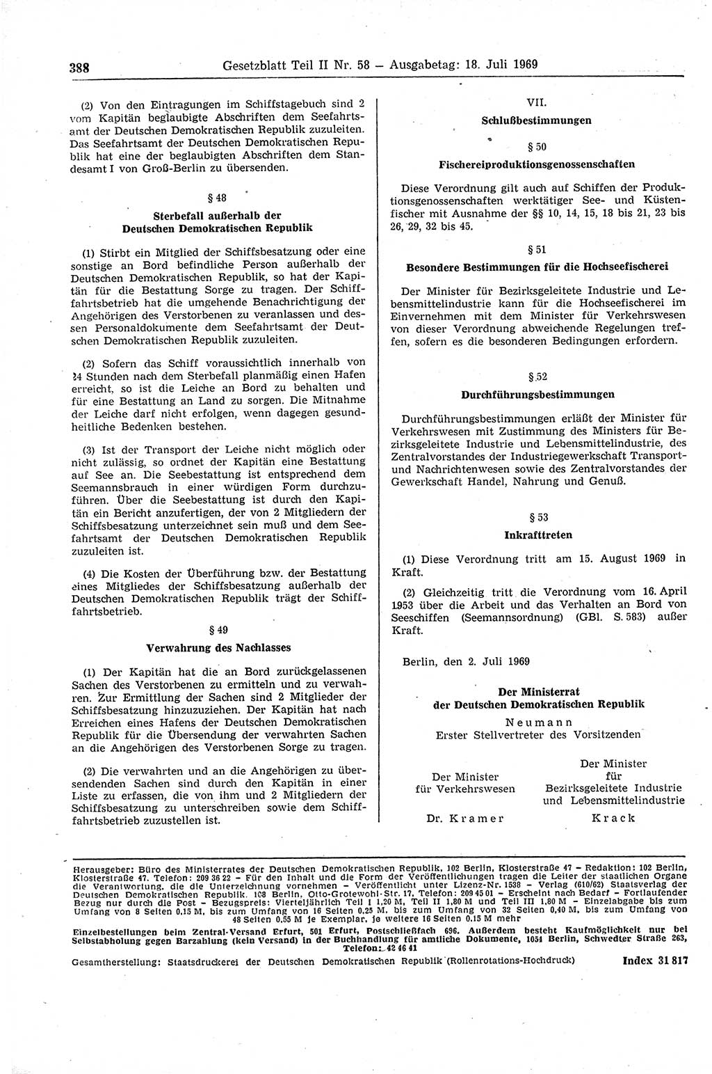 Gesetzblatt (GBl.) der Deutschen Demokratischen Republik (DDR) Teil ⅠⅠ 1969, Seite 388 (GBl. DDR ⅠⅠ 1969, S. 388)