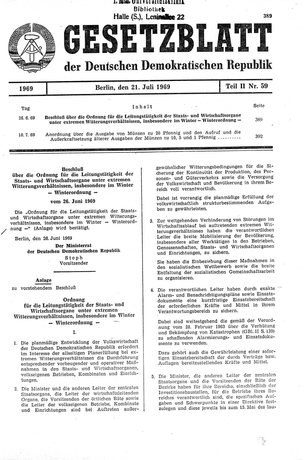 Gesetzblatt (GBl.) der Deutschen Demokratischen Republik (DDR) Teil ⅠⅠ 1969, Seite 389 (GBl. DDR ⅠⅠ 1969, S. 389)