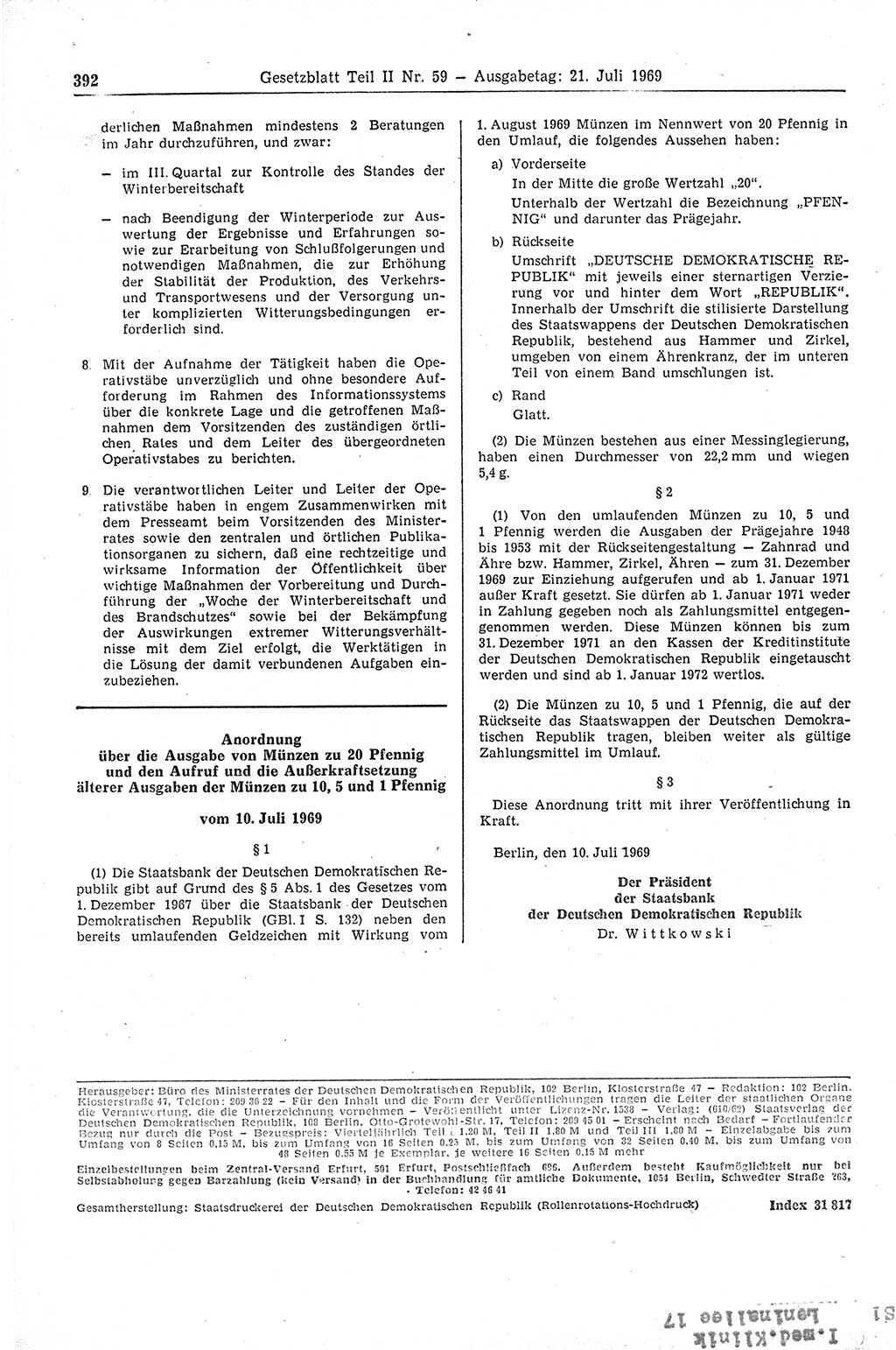 Gesetzblatt (GBl.) der Deutschen Demokratischen Republik (DDR) Teil ⅠⅠ 1969, Seite 392 (GBl. DDR ⅠⅠ 1969, S. 392)