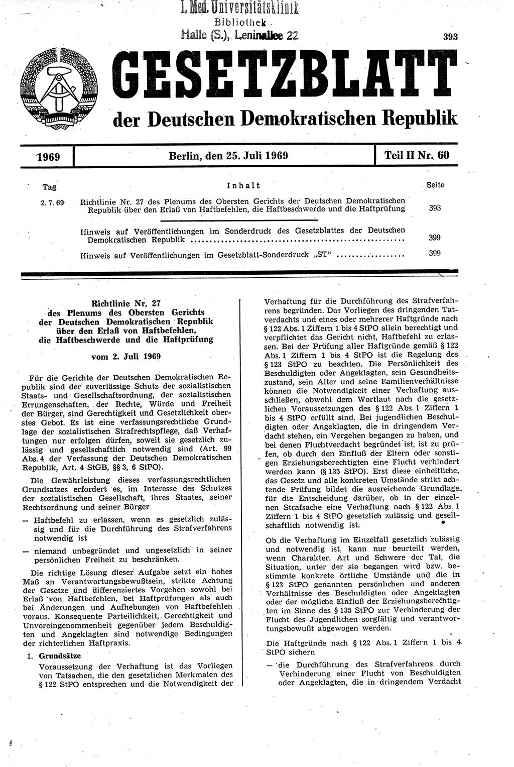 Gesetzblatt (GBl.) der Deutschen Demokratischen Republik (DDR) Teil ⅠⅠ 1969, Seite 393 (GBl. DDR ⅠⅠ 1969, S. 393)