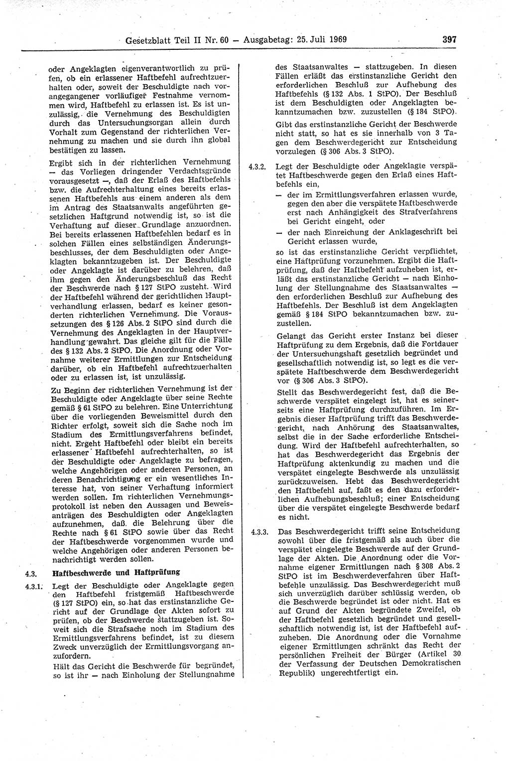 Gesetzblatt (GBl.) der Deutschen Demokratischen Republik (DDR) Teil ⅠⅠ 1969, Seite 397 (GBl. DDR ⅠⅠ 1969, S. 397)