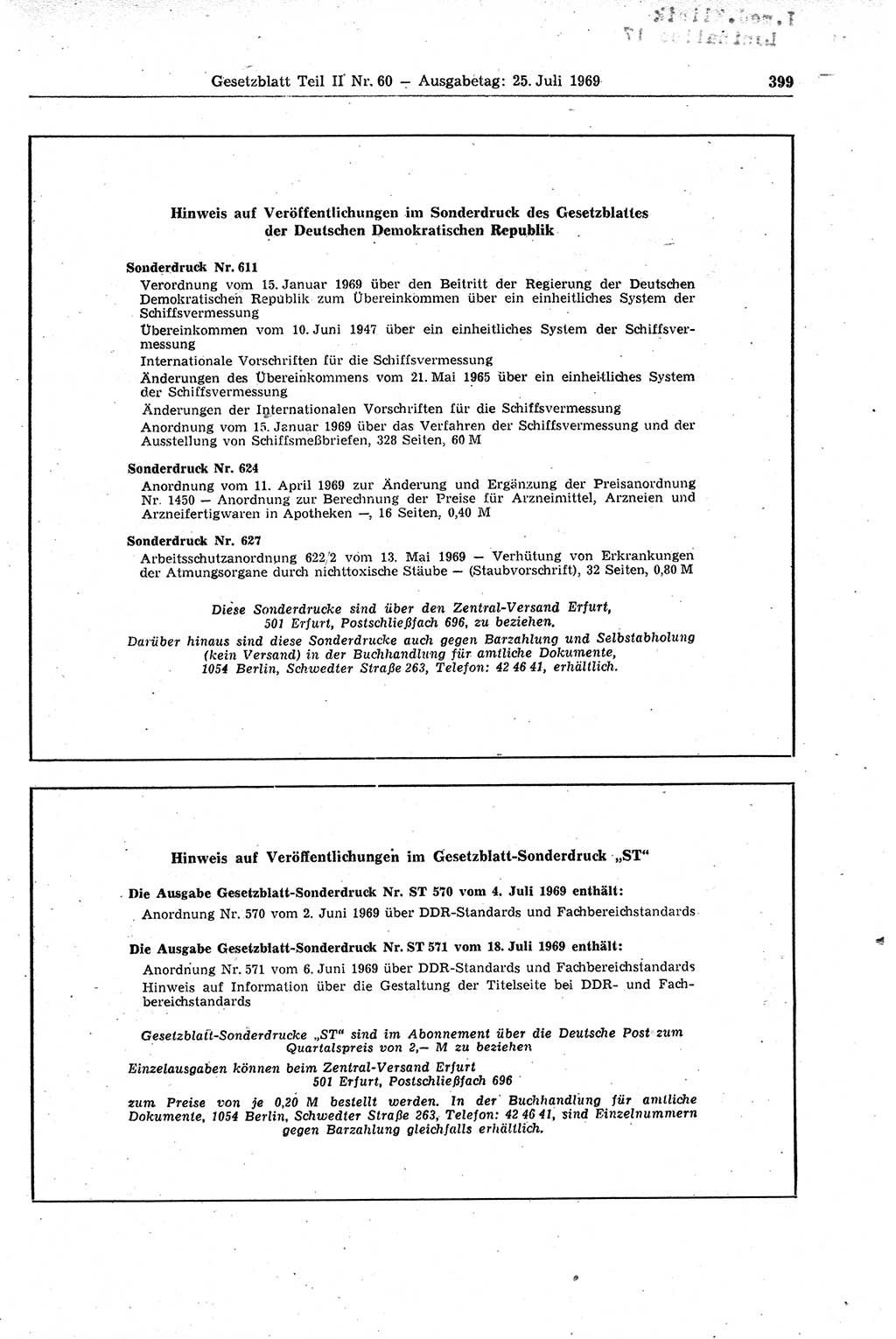 Gesetzblatt (GBl.) der Deutschen Demokratischen Republik (DDR) Teil ⅠⅠ 1969, Seite 399 (GBl. DDR ⅠⅠ 1969, S. 399)