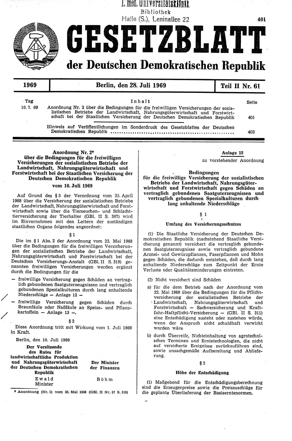 Gesetzblatt (GBl.) der Deutschen Demokratischen Republik (DDR) Teil ⅠⅠ 1969, Seite 401 (GBl. DDR ⅠⅠ 1969, S. 401)