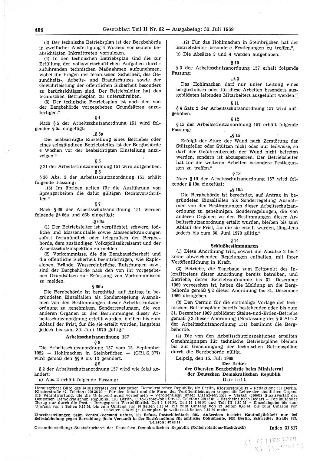 Gesetzblatt (GBl.) der Deutschen Demokratischen Republik (DDR) Teil ⅠⅠ 1969, Seite 408 (GBl. DDR ⅠⅠ 1969, S. 408)