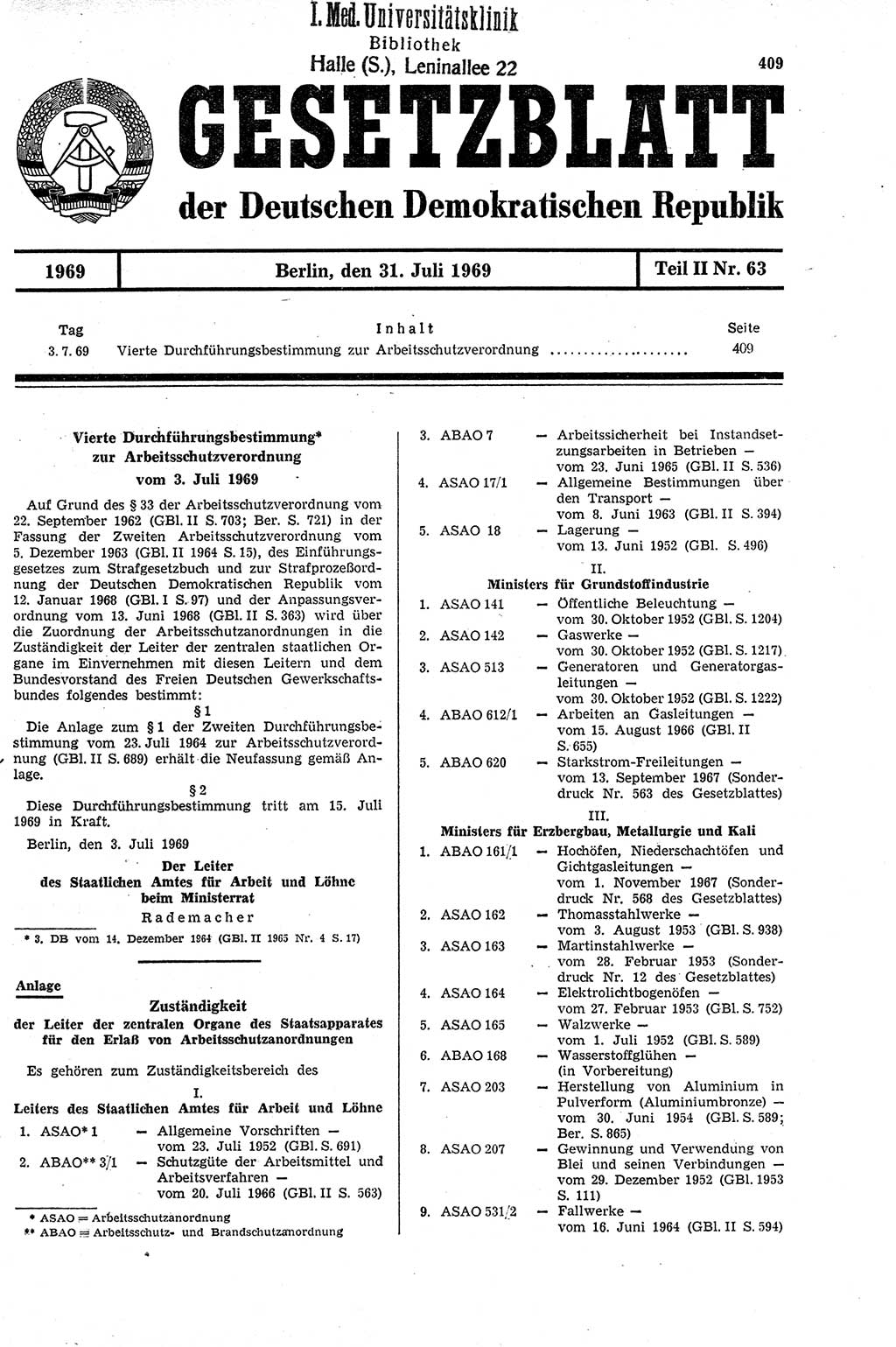 Gesetzblatt (GBl.) der Deutschen Demokratischen Republik (DDR) Teil ⅠⅠ 1969, Seite 409 (GBl. DDR ⅠⅠ 1969, S. 409)