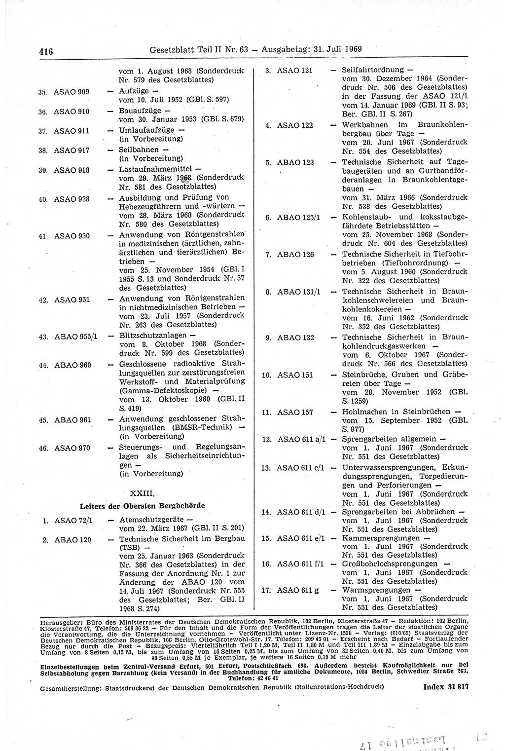 Gesetzblatt (GBl.) der Deutschen Demokratischen Republik (DDR) Teil ⅠⅠ 1969, Seite 416 (GBl. DDR ⅠⅠ 1969, S. 416)