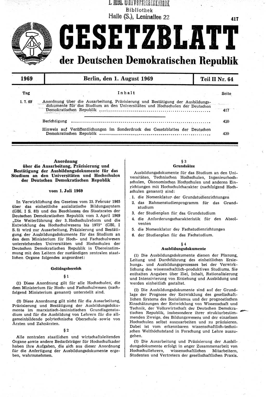 Gesetzblatt (GBl.) der Deutschen Demokratischen Republik (DDR) Teil ⅠⅠ 1969, Seite 417 (GBl. DDR ⅠⅠ 1969, S. 417)