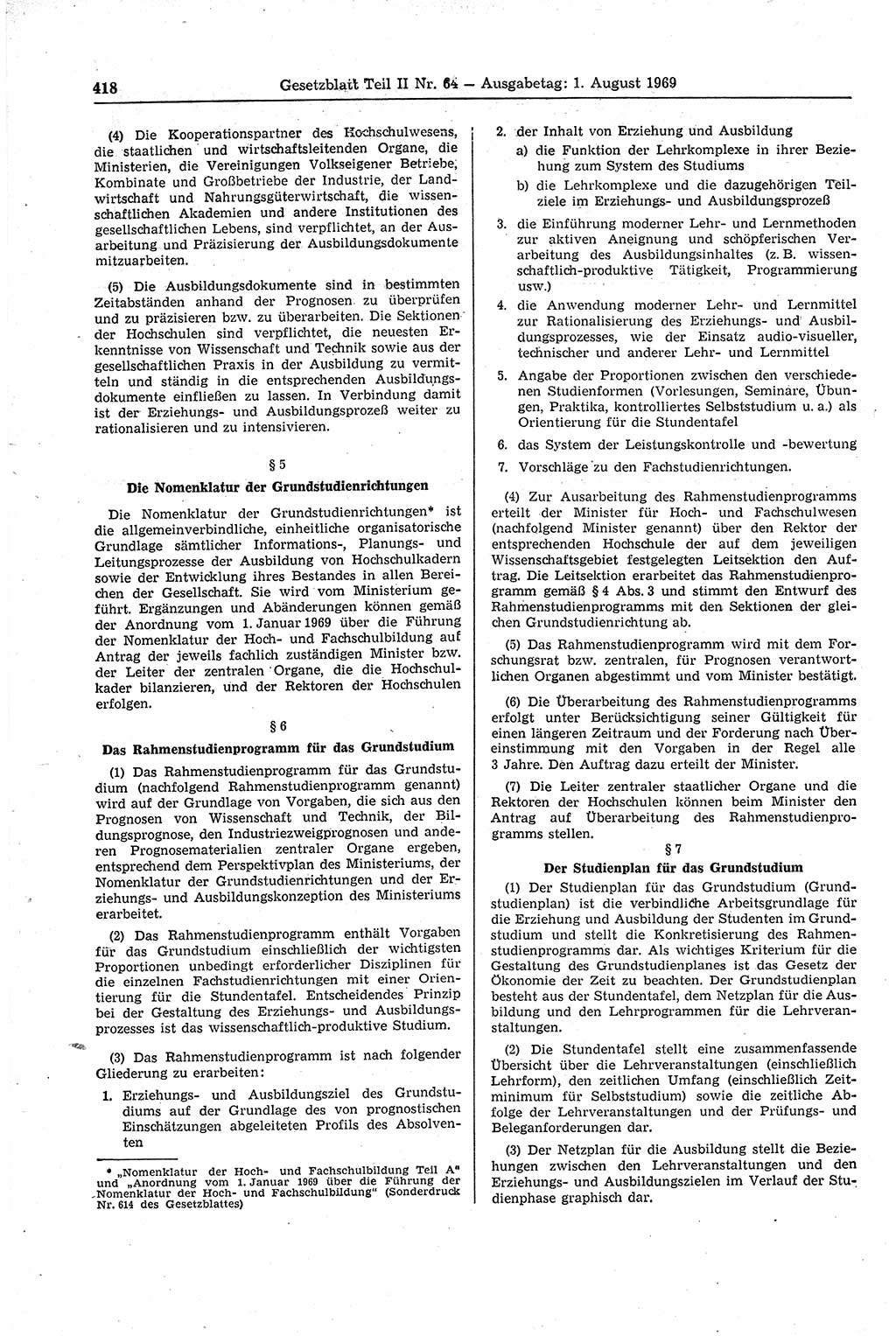 Gesetzblatt (GBl.) der Deutschen Demokratischen Republik (DDR) Teil ⅠⅠ 1969, Seite 418 (GBl. DDR ⅠⅠ 1969, S. 418)