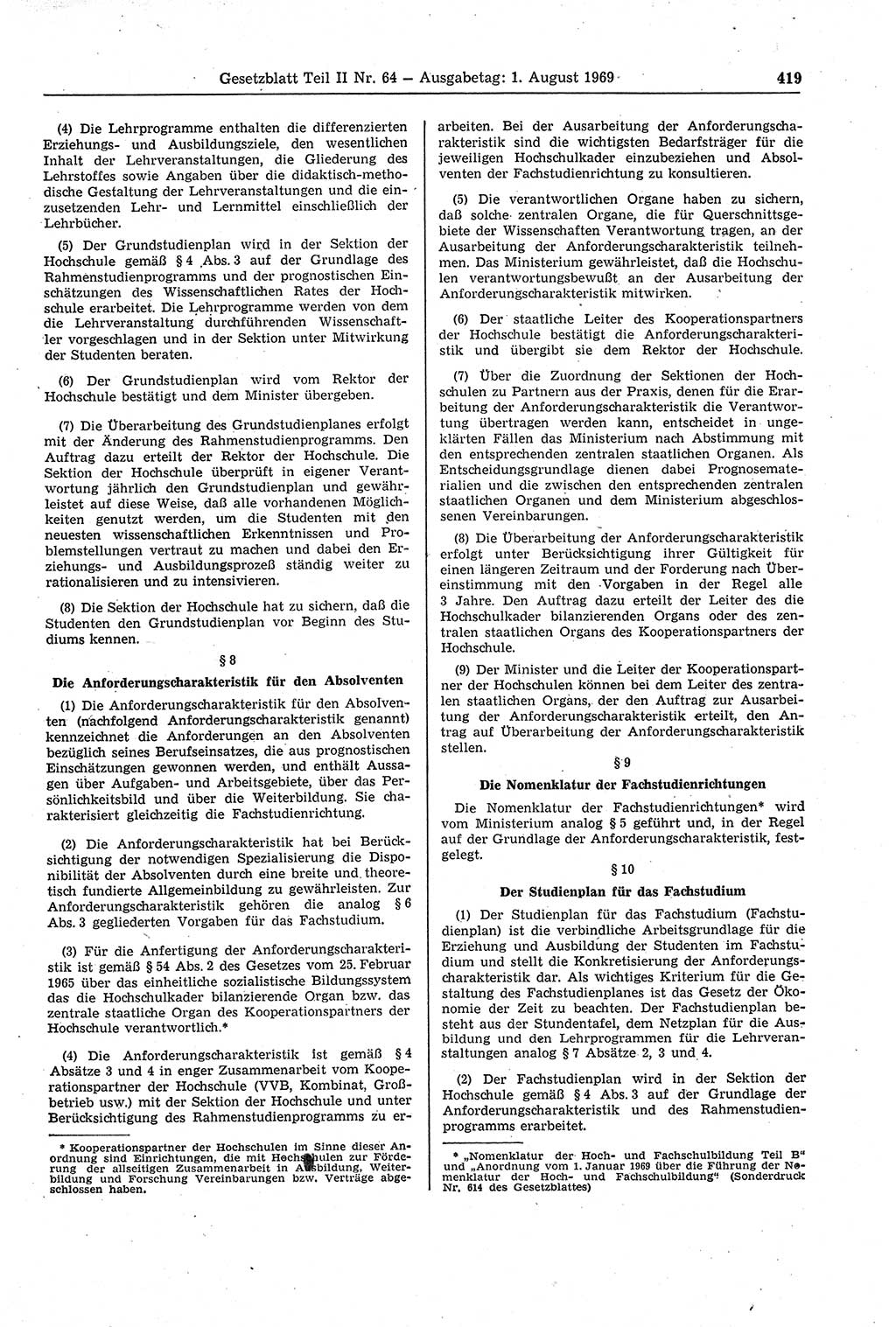Gesetzblatt (GBl.) der Deutschen Demokratischen Republik (DDR) Teil ⅠⅠ 1969, Seite 419 (GBl. DDR ⅠⅠ 1969, S. 419)