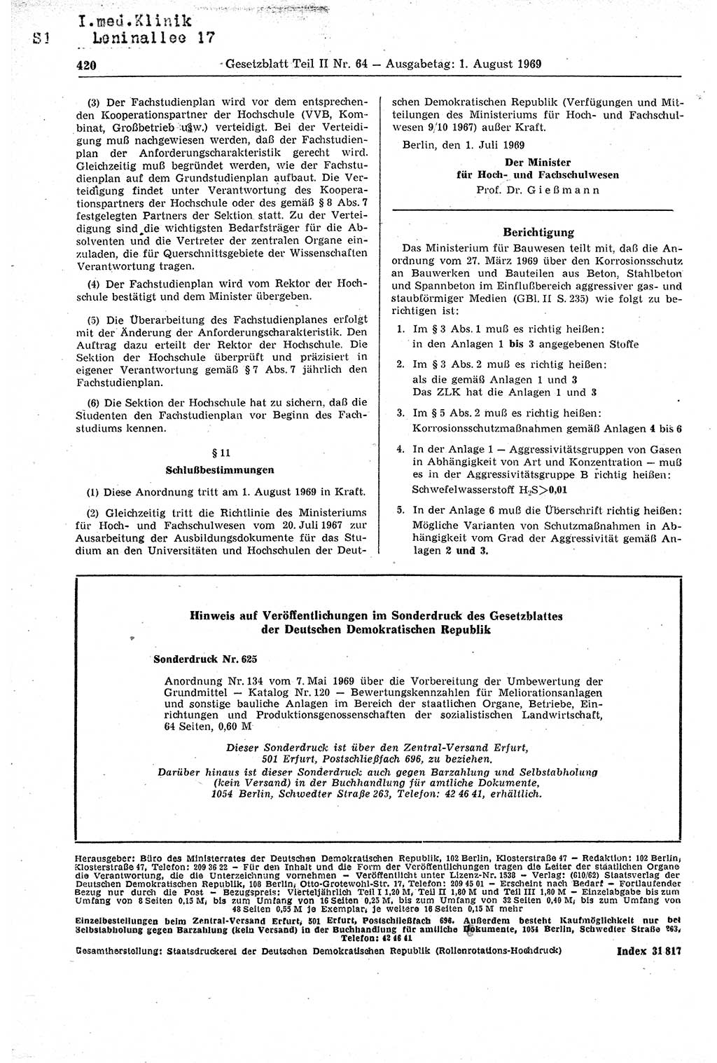 Gesetzblatt (GBl.) der Deutschen Demokratischen Republik (DDR) Teil ⅠⅠ 1969, Seite 420 (GBl. DDR ⅠⅠ 1969, S. 420)