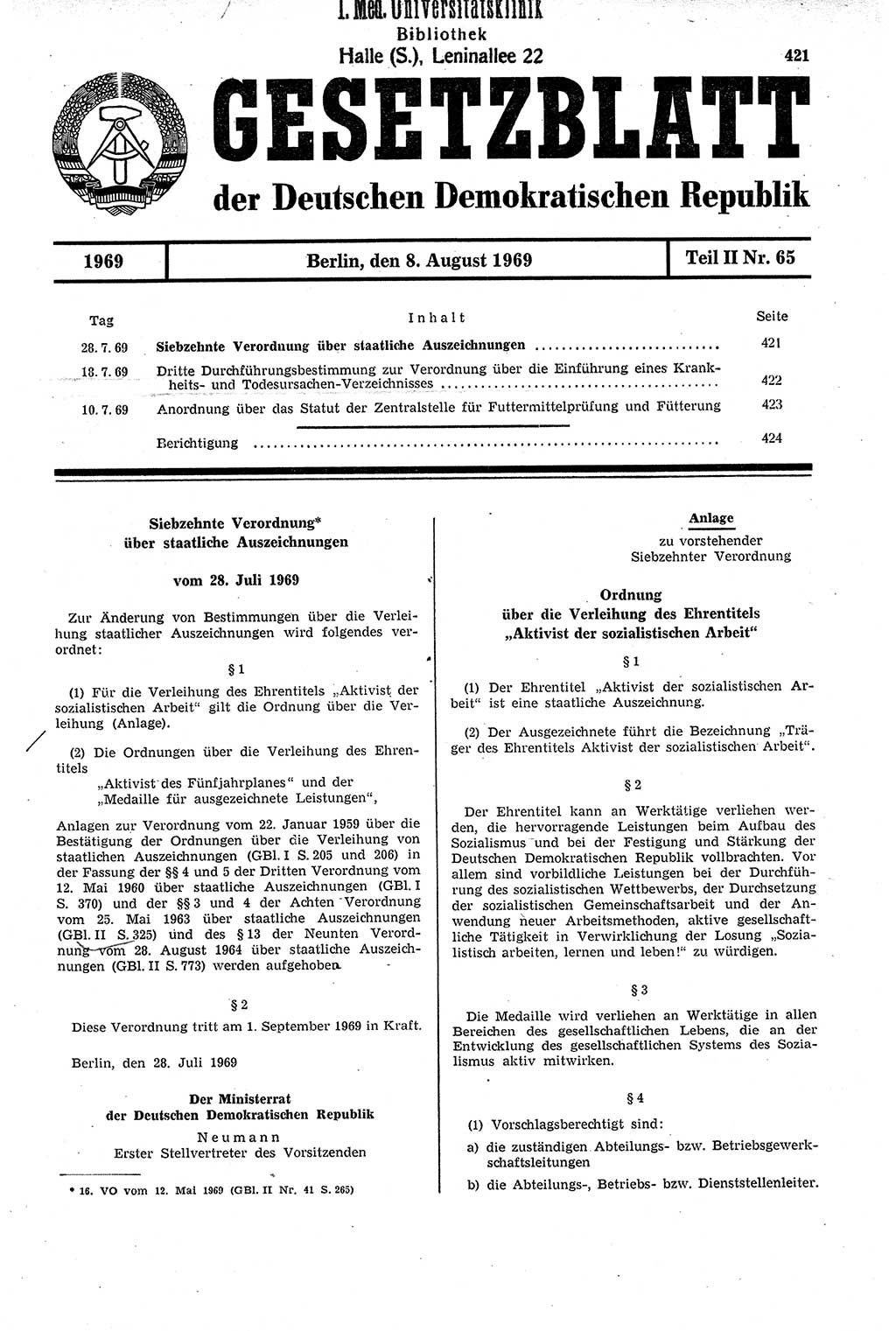 Gesetzblatt (GBl.) der Deutschen Demokratischen Republik (DDR) Teil ⅠⅠ 1969, Seite 421 (GBl. DDR ⅠⅠ 1969, S. 421)
