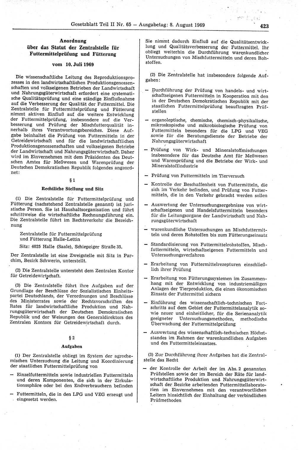 Gesetzblatt (GBl.) der Deutschen Demokratischen Republik (DDR) Teil ⅠⅠ 1969, Seite 423 (GBl. DDR ⅠⅠ 1969, S. 423)