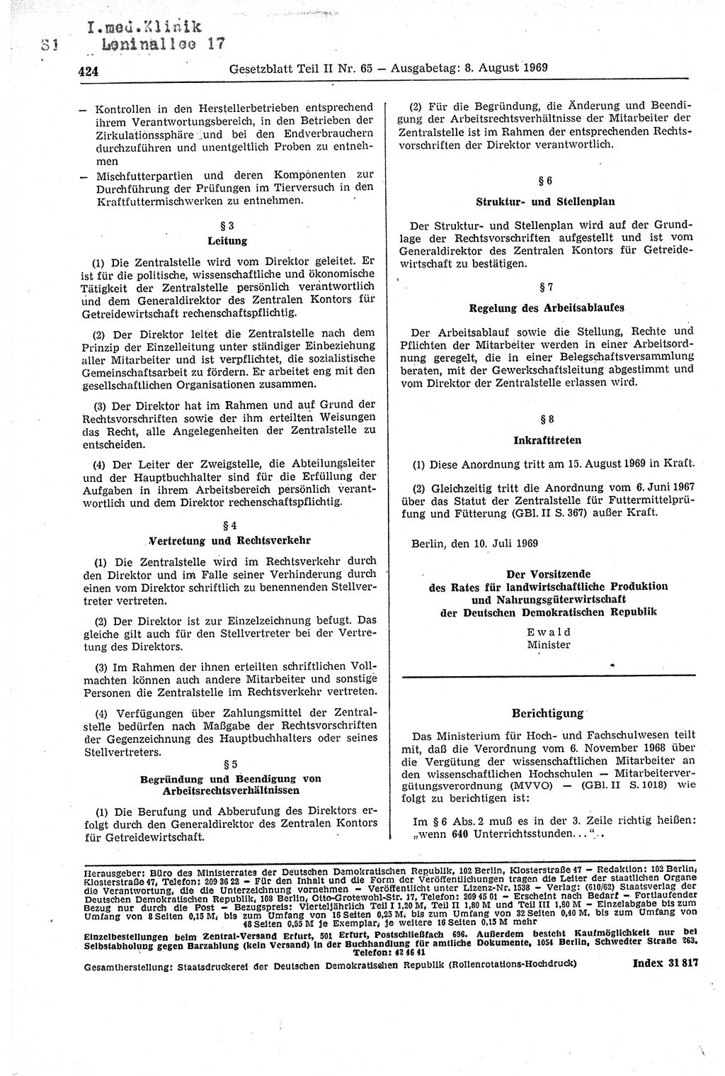 Gesetzblatt (GBl.) der Deutschen Demokratischen Republik (DDR) Teil ⅠⅠ 1969, Seite 424 (GBl. DDR ⅠⅠ 1969, S. 424)