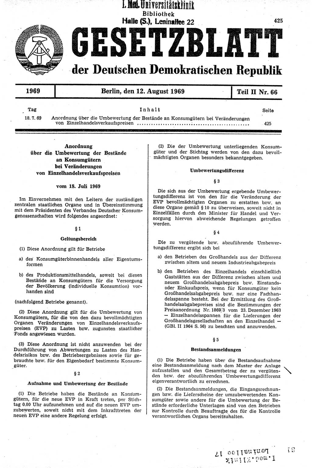 Gesetzblatt (GBl.) der Deutschen Demokratischen Republik (DDR) Teil ⅠⅠ 1969, Seite 425 (GBl. DDR ⅠⅠ 1969, S. 425)