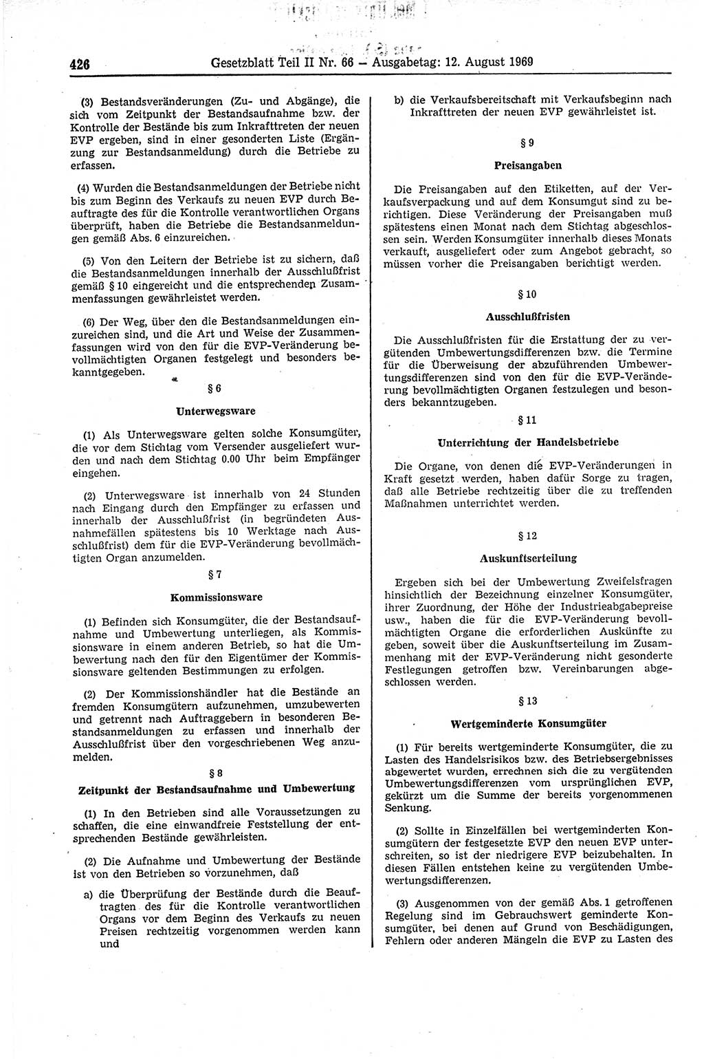 Gesetzblatt (GBl.) der Deutschen Demokratischen Republik (DDR) Teil ⅠⅠ 1969, Seite 426 (GBl. DDR ⅠⅠ 1969, S. 426)