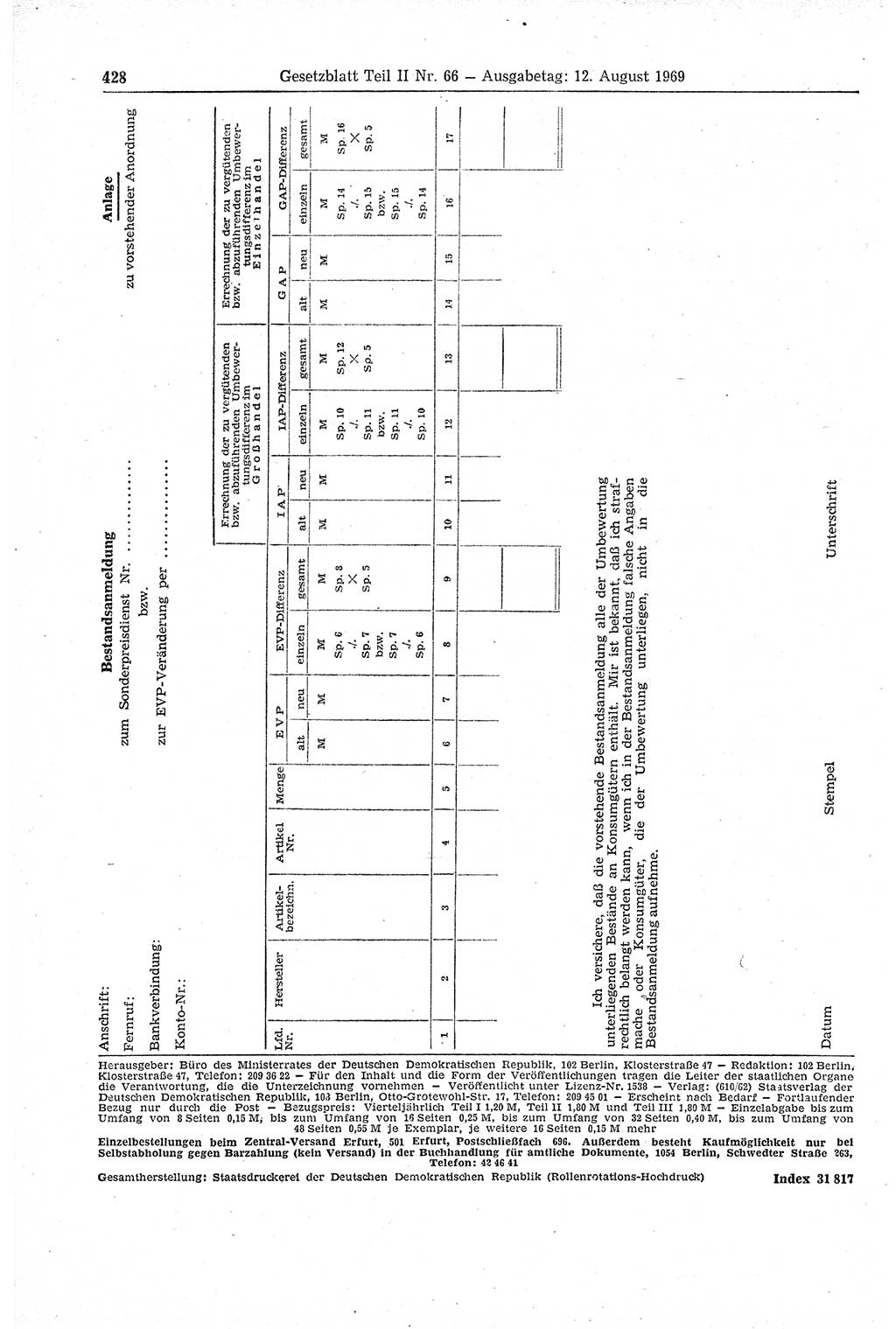 Gesetzblatt (GBl.) der Deutschen Demokratischen Republik (DDR) Teil ⅠⅠ 1969, Seite 428 (GBl. DDR ⅠⅠ 1969, S. 428)