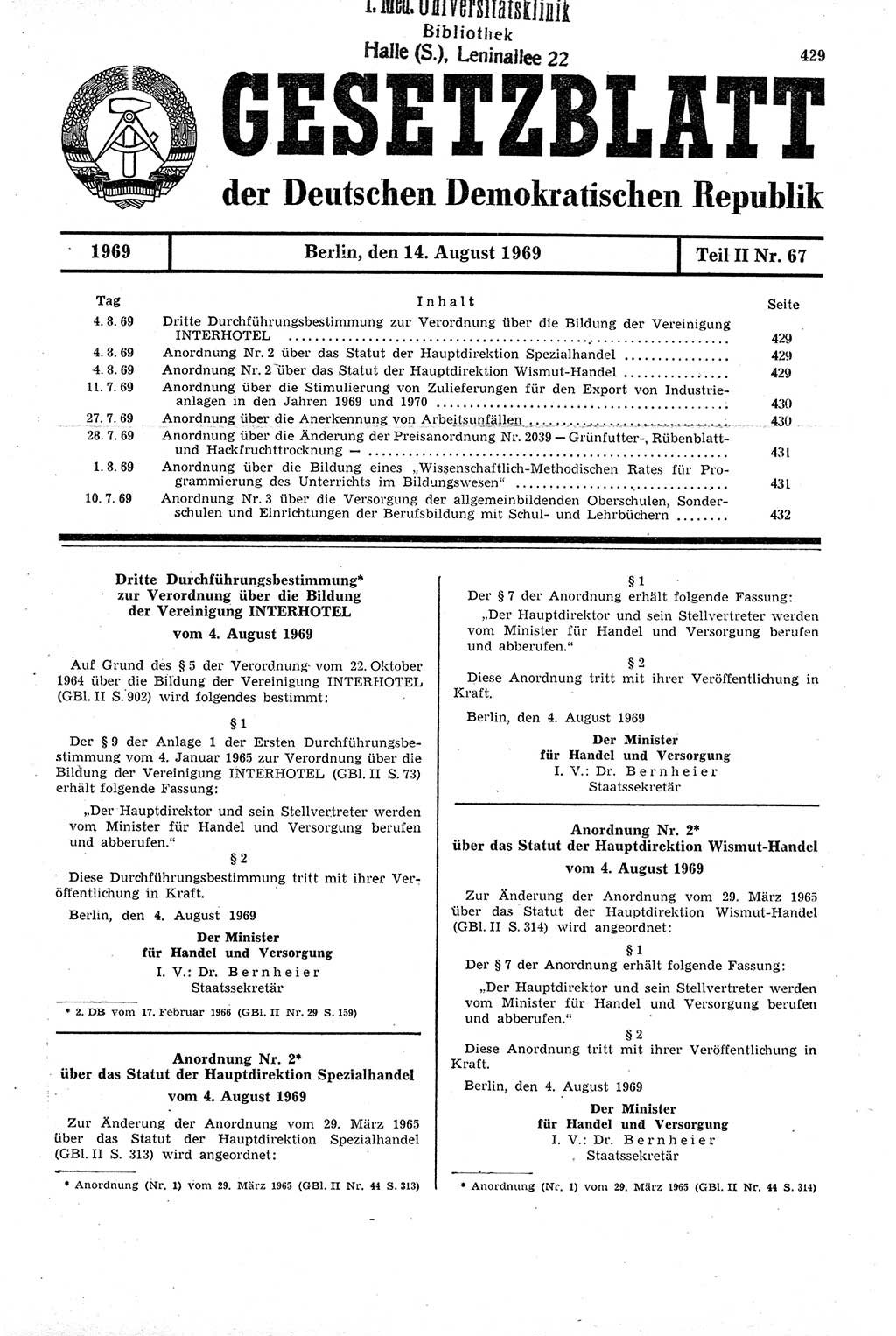 Gesetzblatt (GBl.) der Deutschen Demokratischen Republik (DDR) Teil ⅠⅠ 1969, Seite 429 (GBl. DDR ⅠⅠ 1969, S. 429)