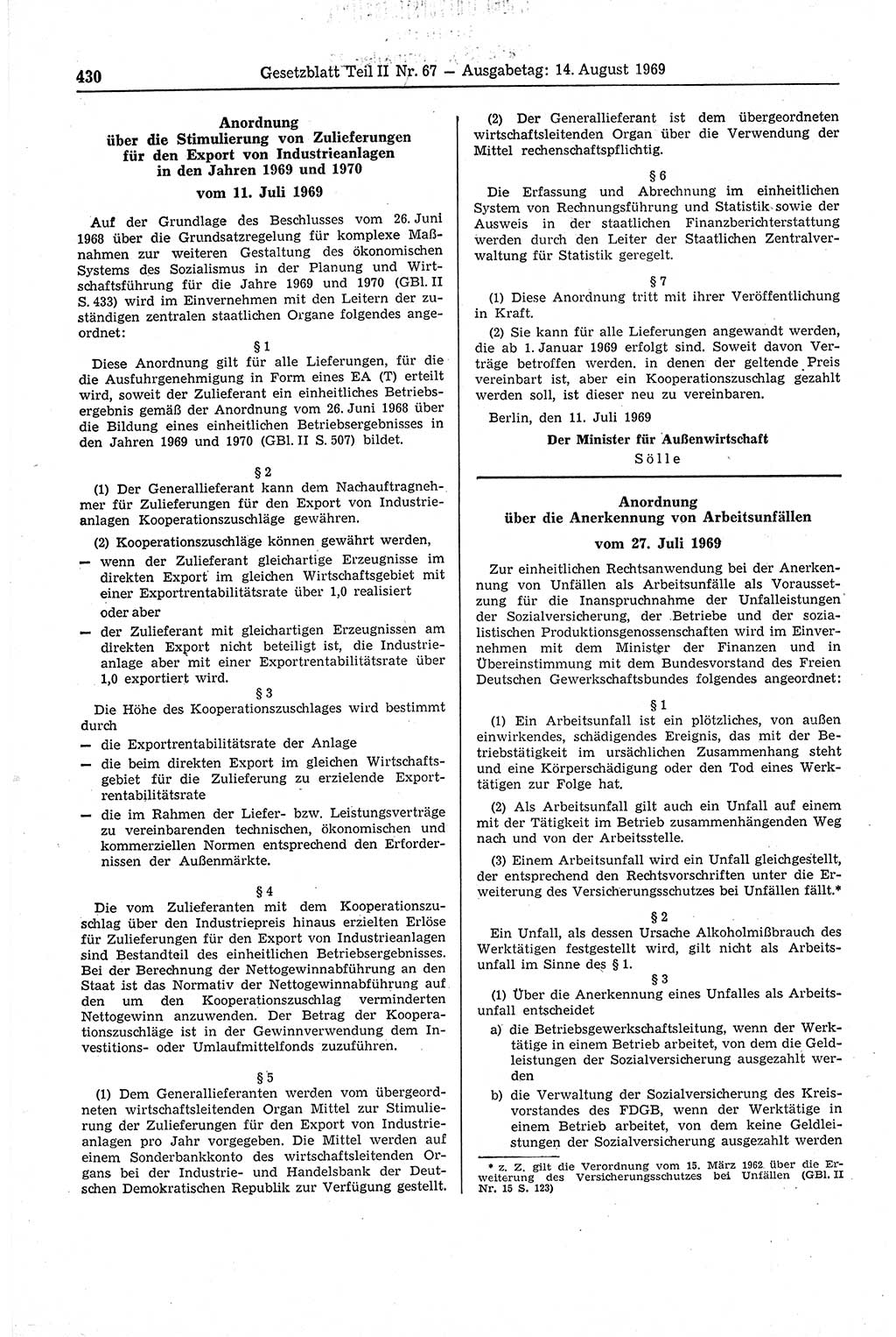 Gesetzblatt (GBl.) der Deutschen Demokratischen Republik (DDR) Teil ⅠⅠ 1969, Seite 430 (GBl. DDR ⅠⅠ 1969, S. 430)