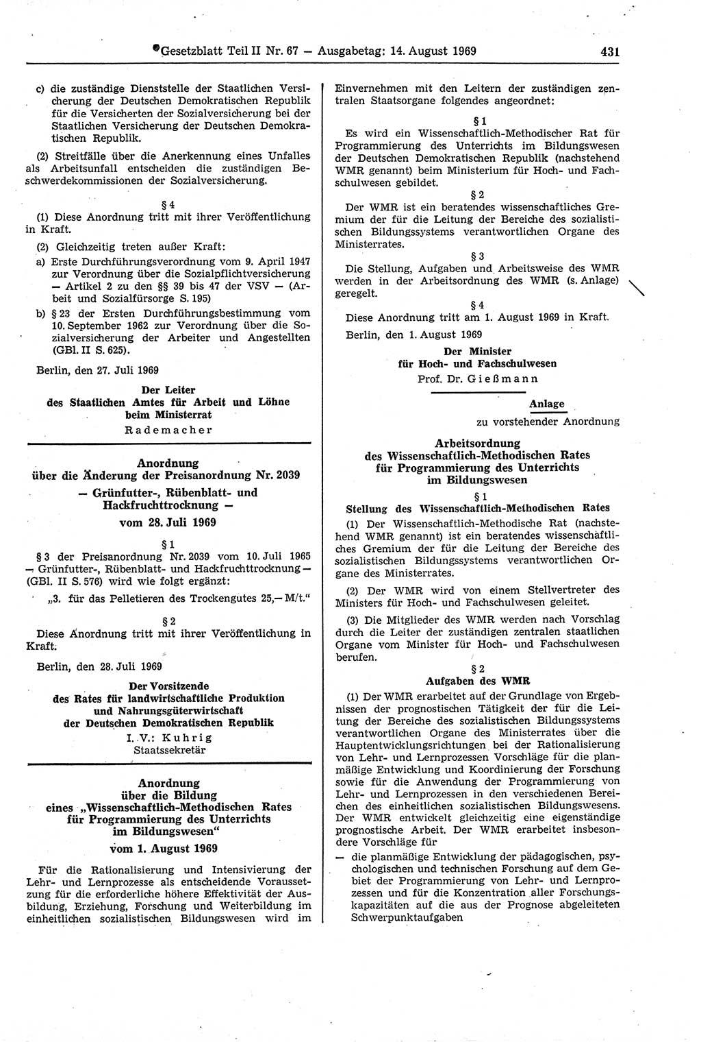Gesetzblatt (GBl.) der Deutschen Demokratischen Republik (DDR) Teil ⅠⅠ 1969, Seite 431 (GBl. DDR ⅠⅠ 1969, S. 431)