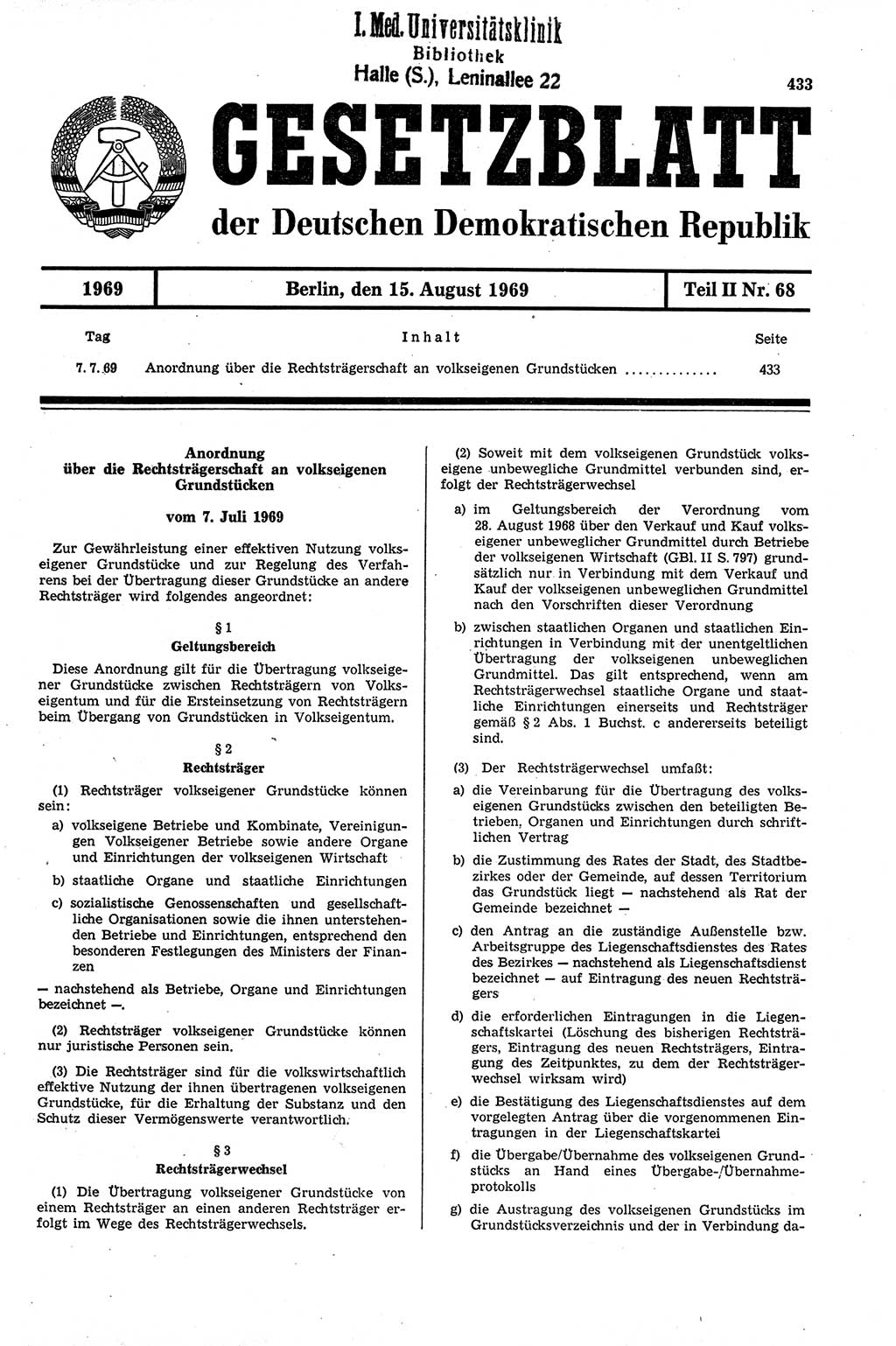 Gesetzblatt (GBl.) der Deutschen Demokratischen Republik (DDR) Teil ⅠⅠ 1969, Seite 433 (GBl. DDR ⅠⅠ 1969, S. 433)