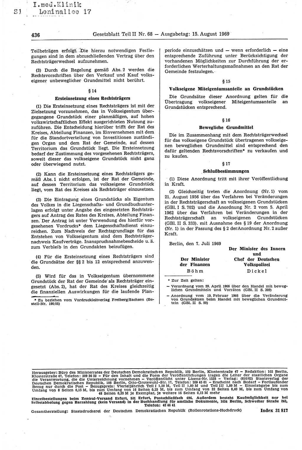 Gesetzblatt (GBl.) der Deutschen Demokratischen Republik (DDR) Teil ⅠⅠ 1969, Seite 436 (GBl. DDR ⅠⅠ 1969, S. 436)